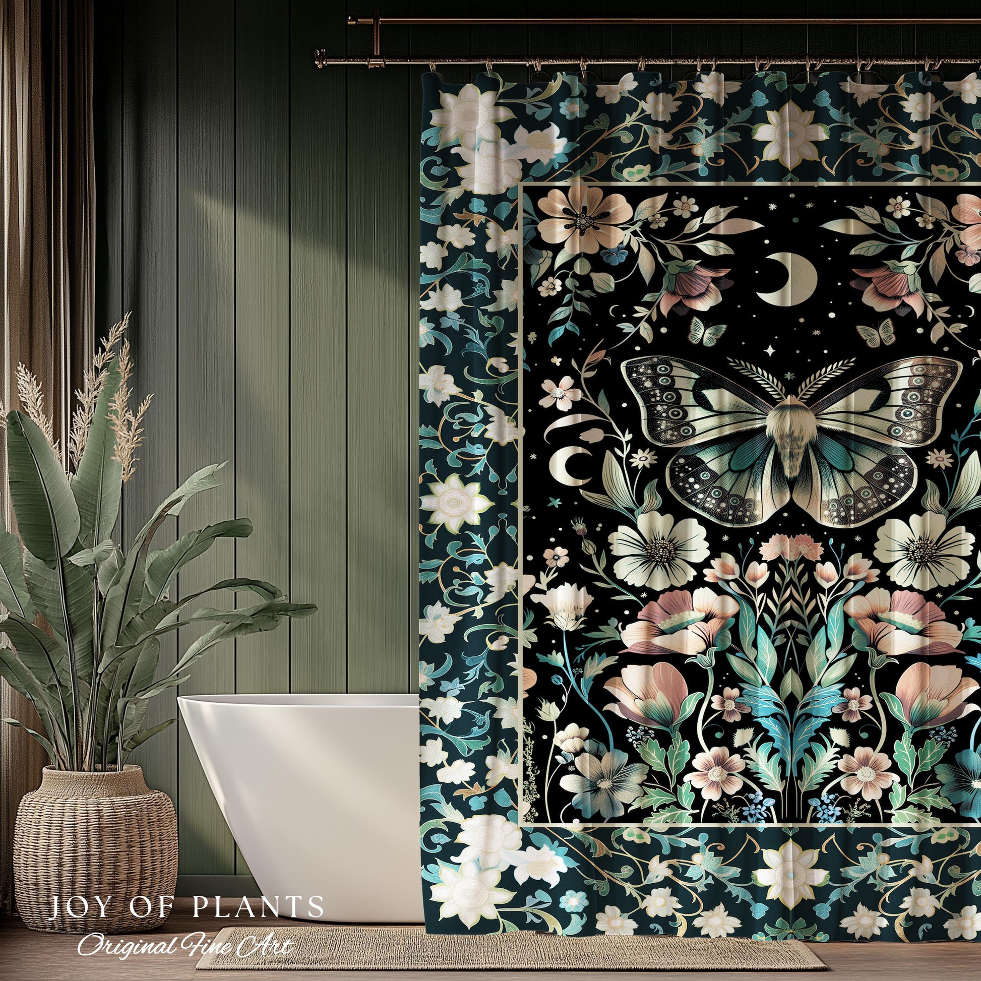 Celestial Butterfly Floral Shower Curtain Whimsical Moonlit Garden Whimsigothic Decor, Ethereal Cottagecore Botanical Moth Bathroom Accent |