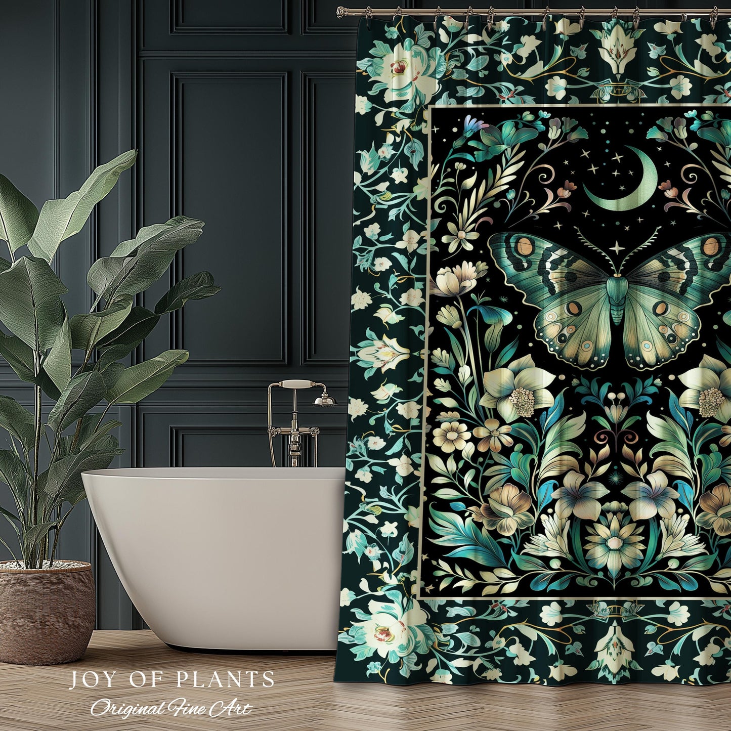 Pastel Gothic Butterfly Shower Curtain | Tarot Aesthetic Celestial Woodland Moody Botanical Bathroom Maximalist Accent Forestcore Mysticism