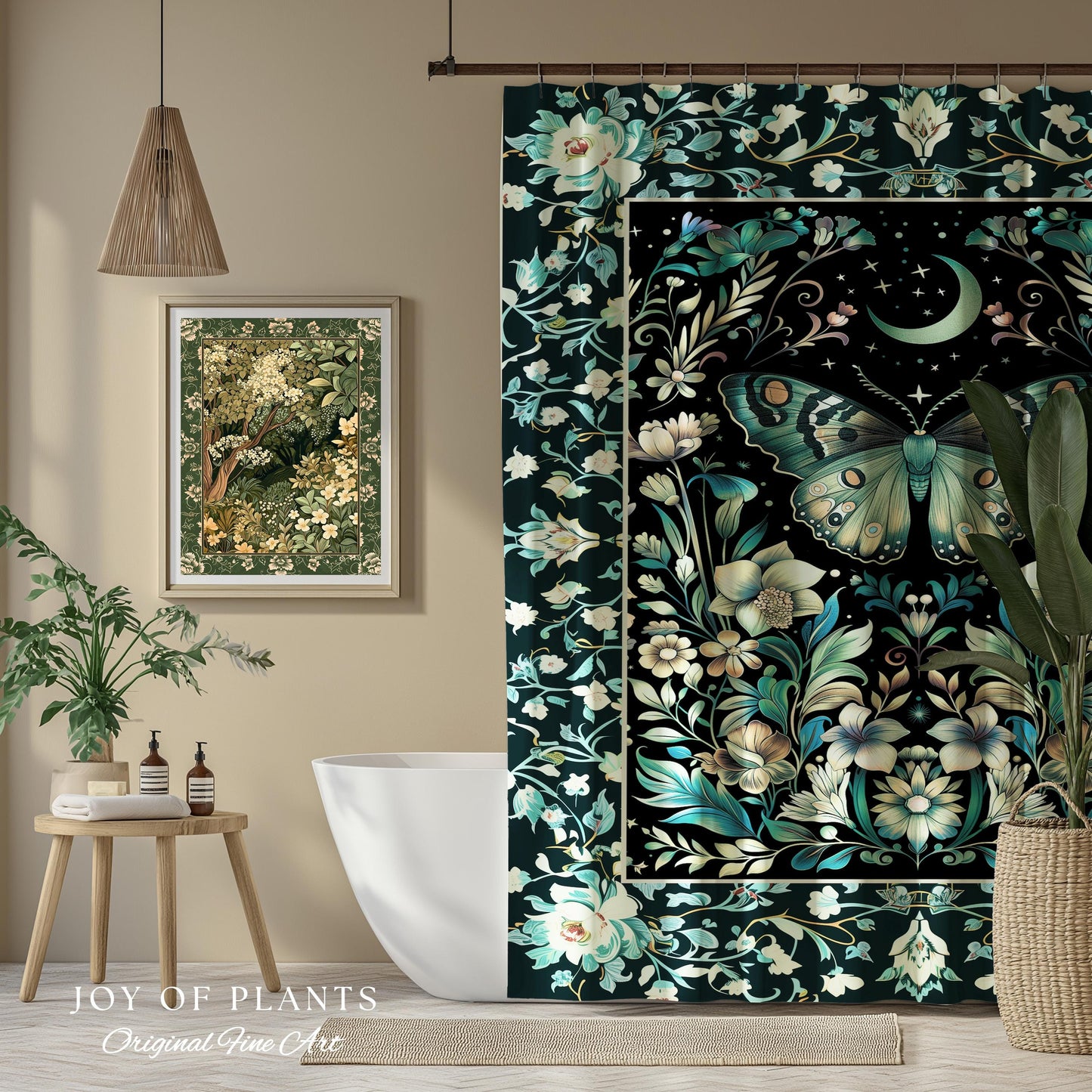 Pastel Gothic Butterfly Shower Curtain | Tarot Aesthetic Celestial Woodland Moody Botanical Bathroom Maximalist Accent Forestcore Mysticism
