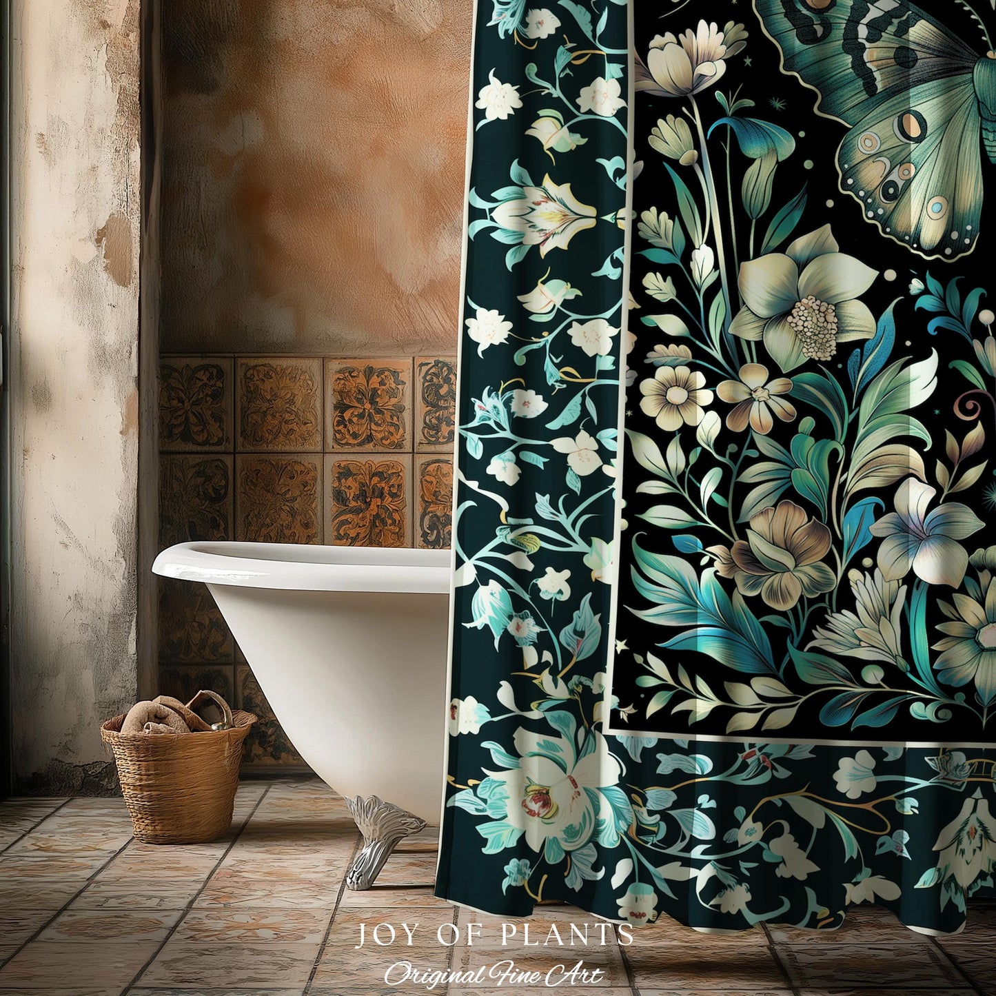 Pastel Gothic Butterfly Shower Curtain | Tarot Aesthetic Celestial Woodland Moody Botanical Bathroom Maximalist Accent Forestcore Mysticism