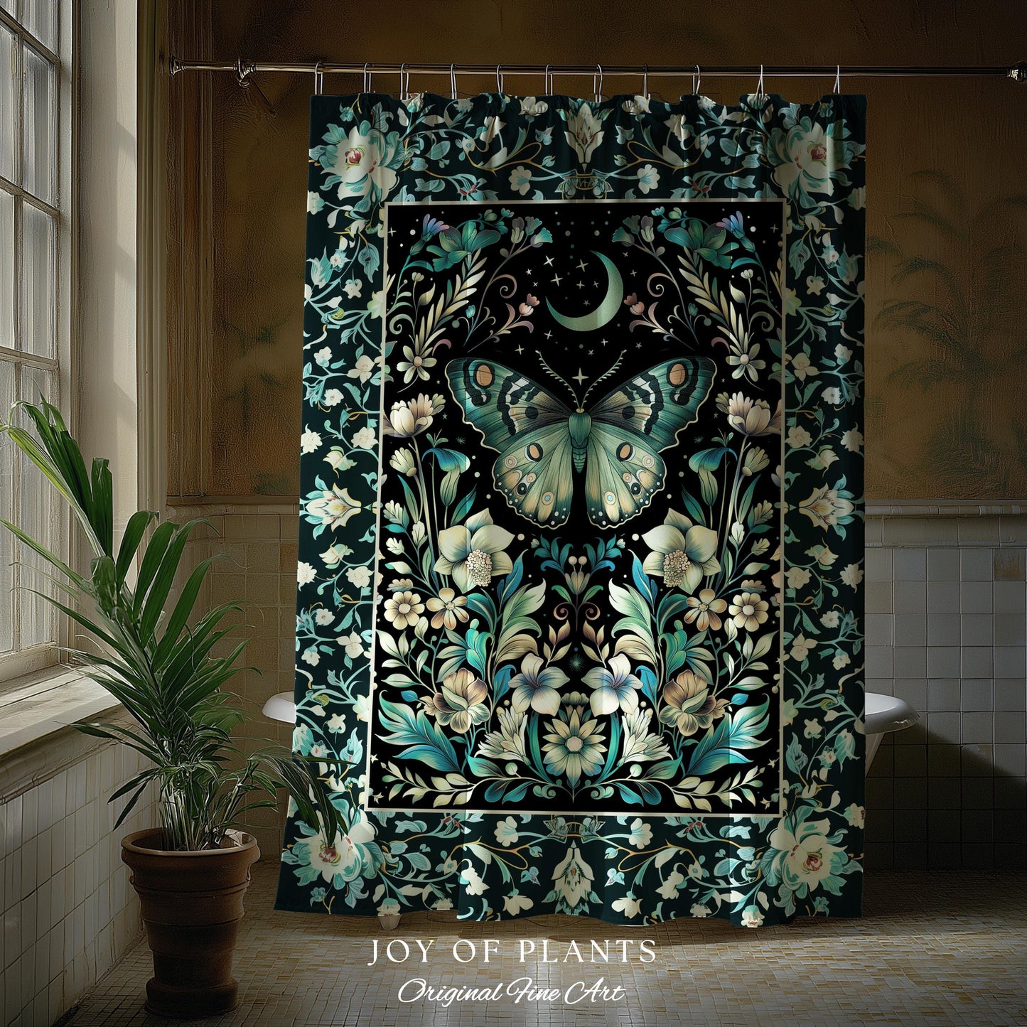 Pastel Gothic Butterfly Shower Curtain | Tarot Aesthetic Celestial Woodland Moody Botanical Bathroom Maximalist Accent Forestcore Mysticism