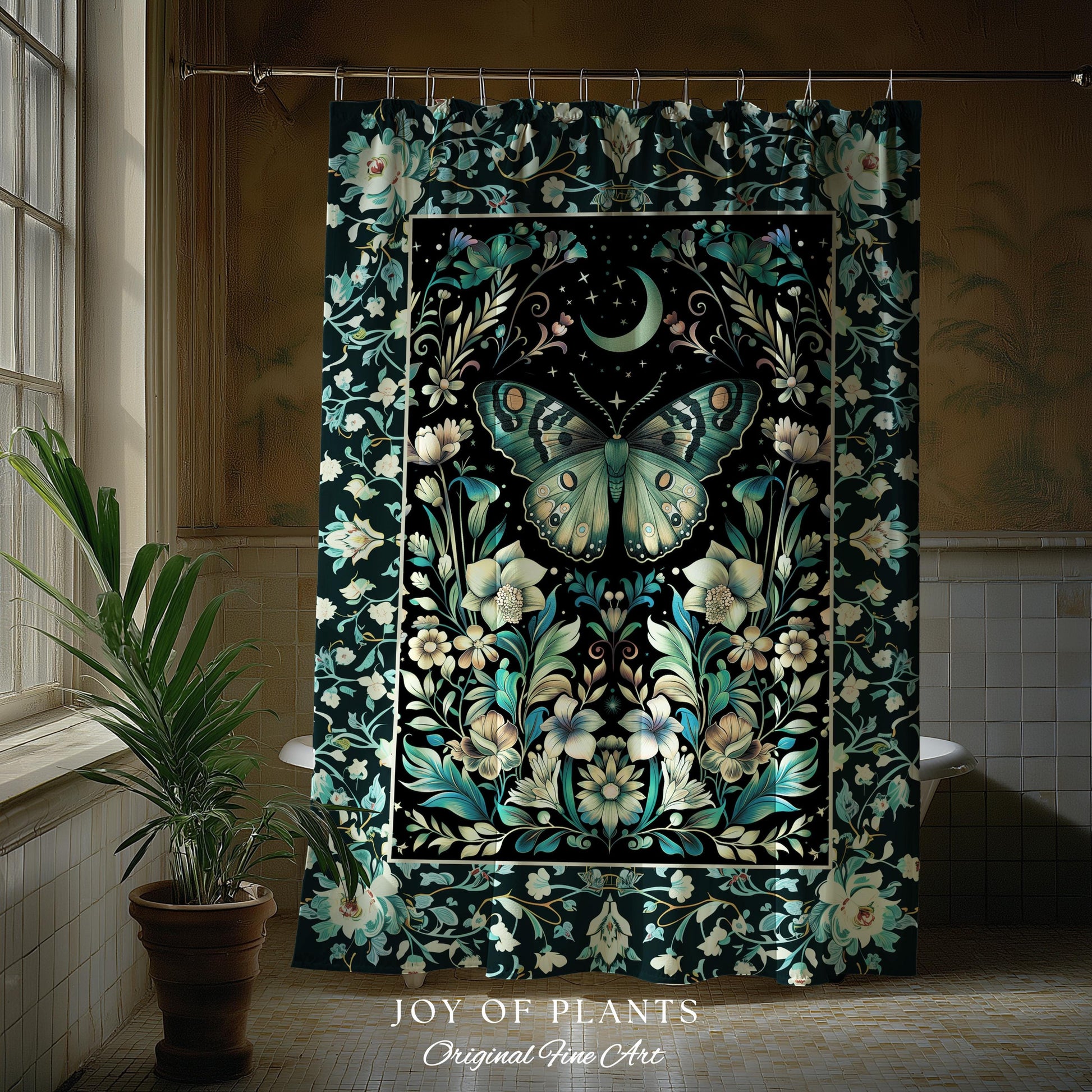 Pastel Gothic Butterfly Shower Curtain | Tarot Aesthetic Celestial Woodland Moody Botanical Bathroom Maximalist Accent Forestcore Mysticism