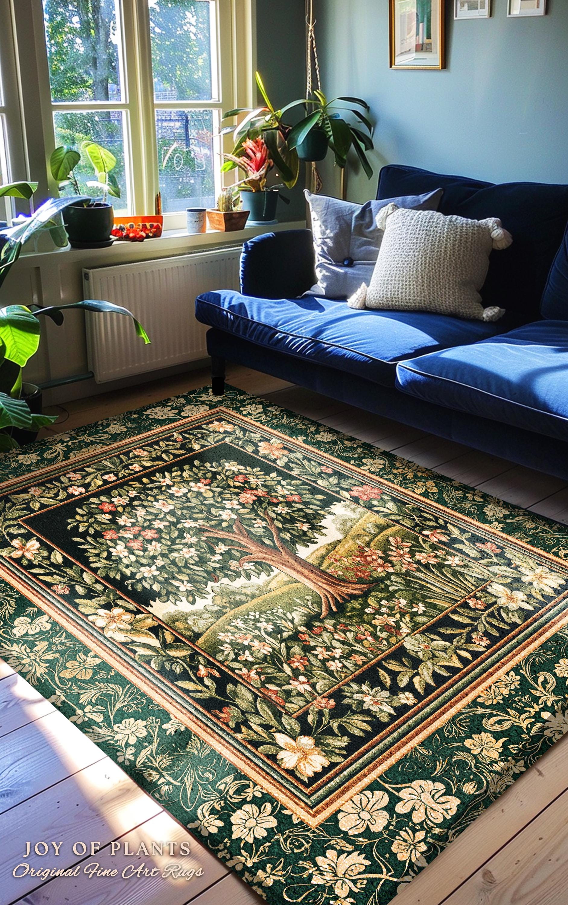 Botanical Tree of Life Accent Rug | Ornate Floral Heritage Decor Vintage Nature Aesthetic Cottagecore Fairycore Bedroom Woodland Inspired