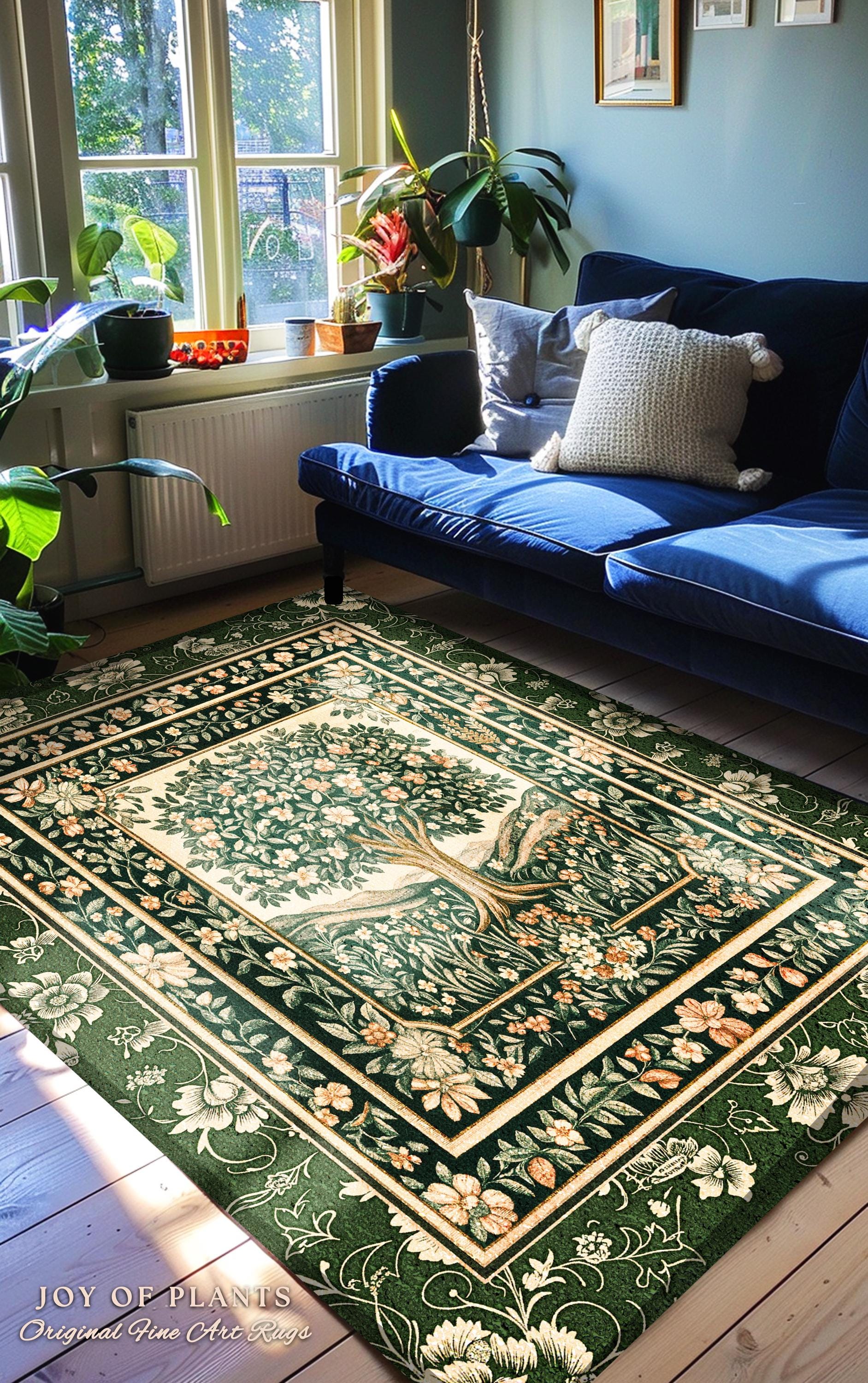 Enchanted Garden Folklore Tree Rug | Emerald Green Botanical Coquette Accent Rug Floral Accent Forest Theme Rug Folklore Design Cottagecore