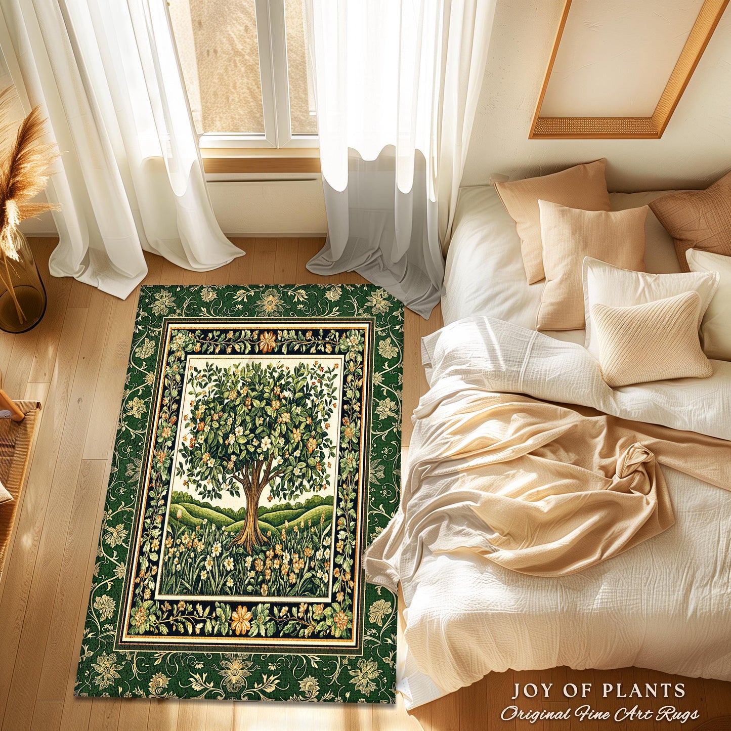Emerald Green Floral Tree of Life Rug | Botanical Forestcore Folklore Vintage Floral Enchanted Cozy Cottagecore Whimsical Natural Aesthetic