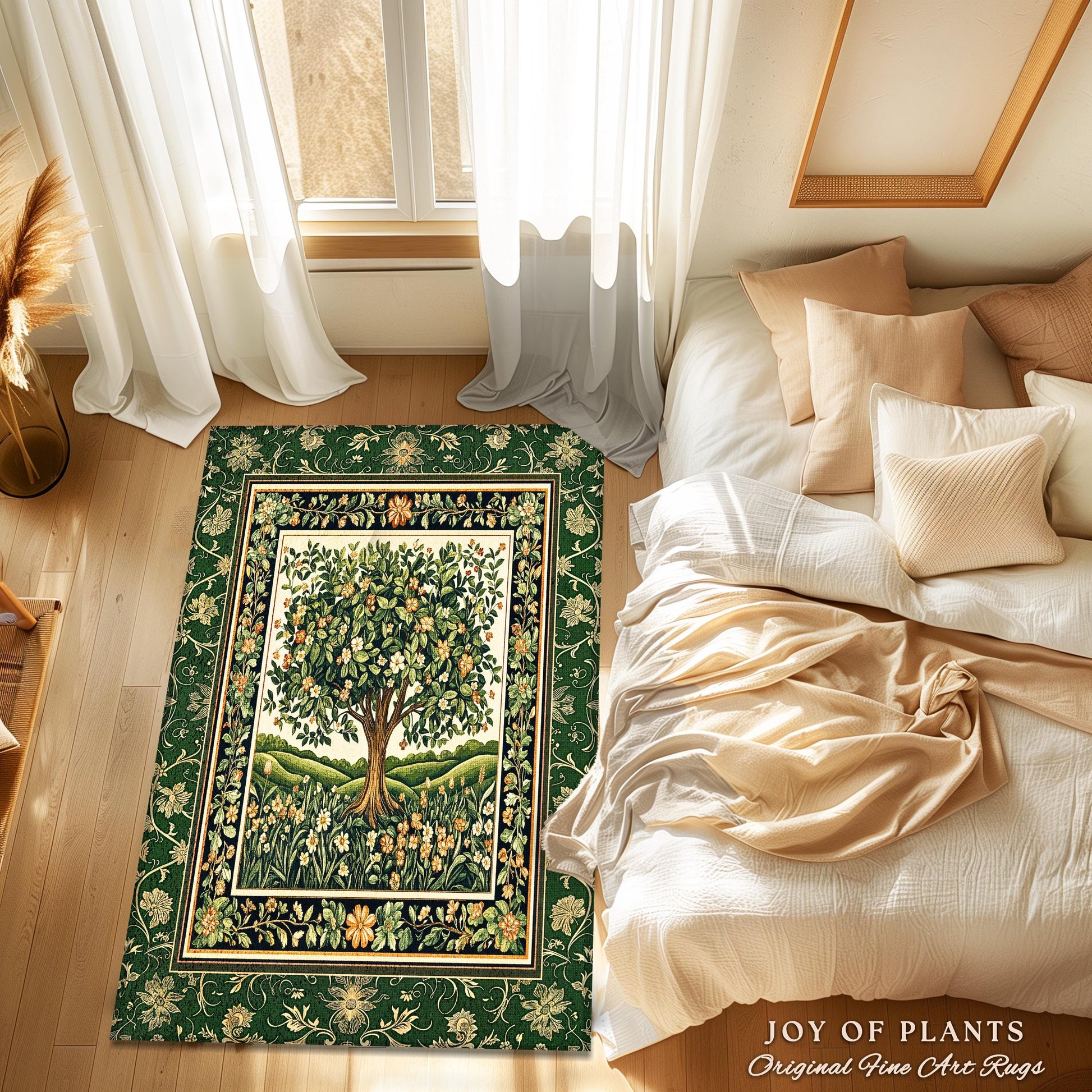 Emerald Green Floral Tree of Life Rug | Botanical Forestcore Folklore Vintage Floral Enchanted Cozy Cottagecore Whimsical Natural Aesthetic