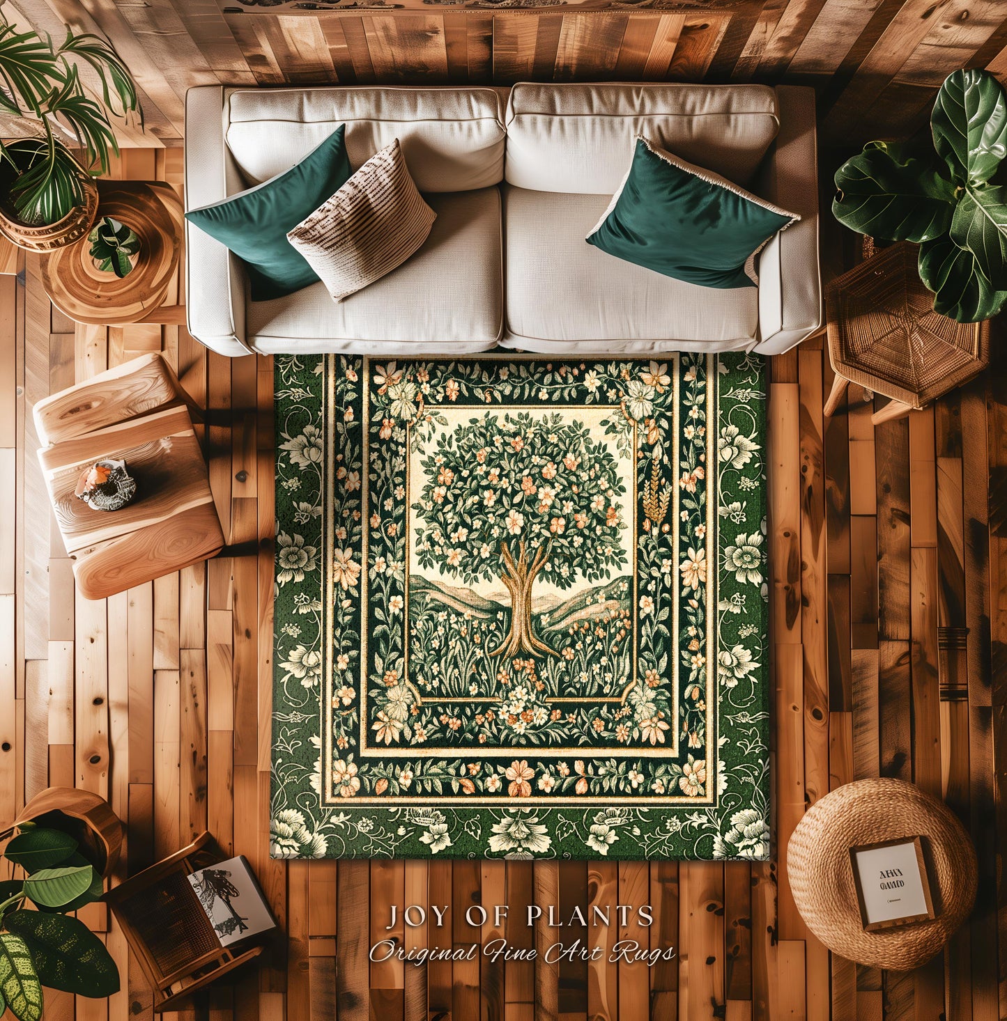 Enchanted Garden Folklore Tree Rug | Emerald Green Botanical Coquette Accent Rug Floral Accent Forest Theme Rug Folklore Design Cottagecore