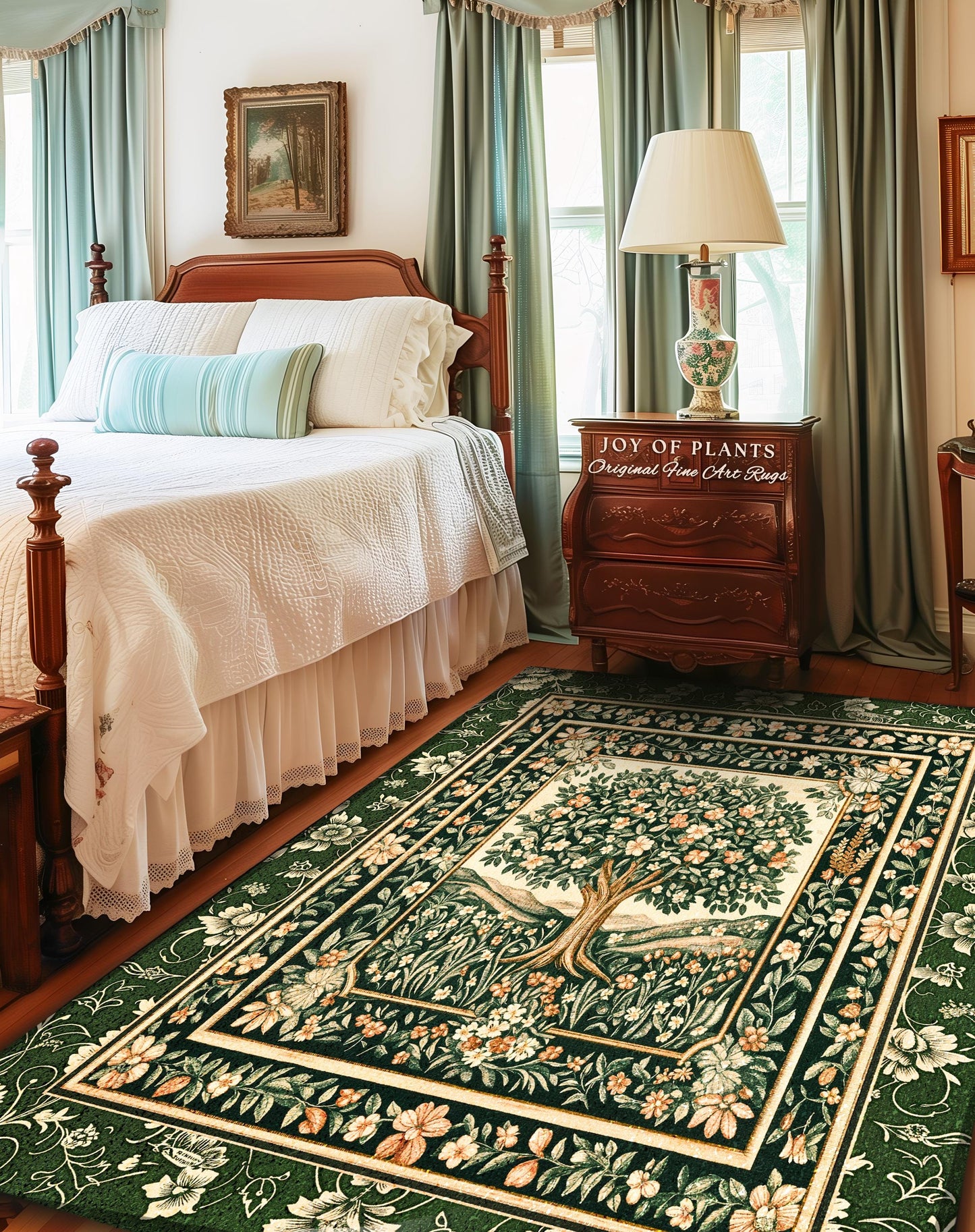 Enchanted Garden Folklore Tree Rug | Emerald Green Botanical Coquette Accent Rug Floral Accent Forest Theme Rug Folklore Design Cottagecore