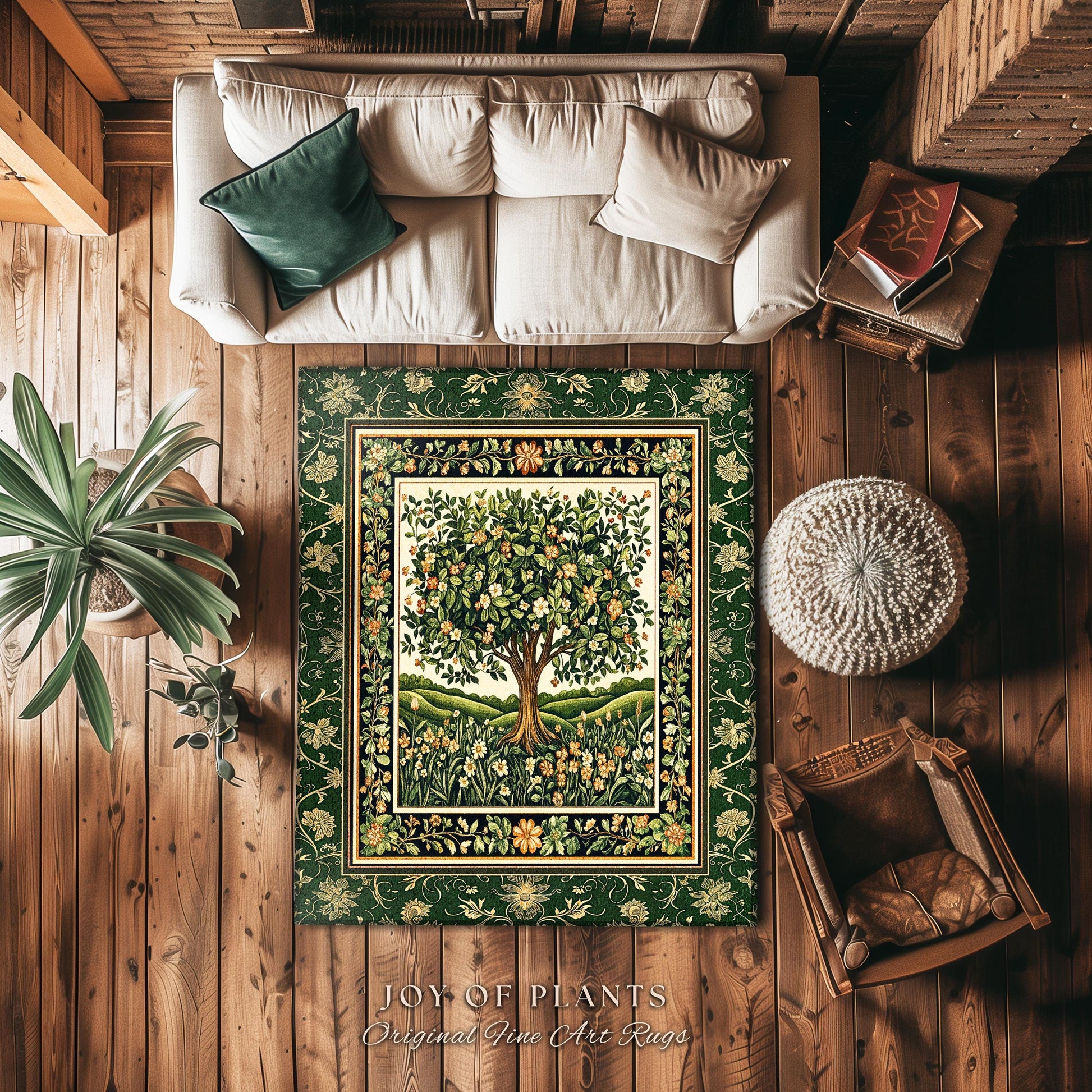 Emerald Green Floral Tree of Life Rug | Botanical Forestcore Folklore Vintage Floral Enchanted Cozy Cottagecore Whimsical Natural Aesthetic