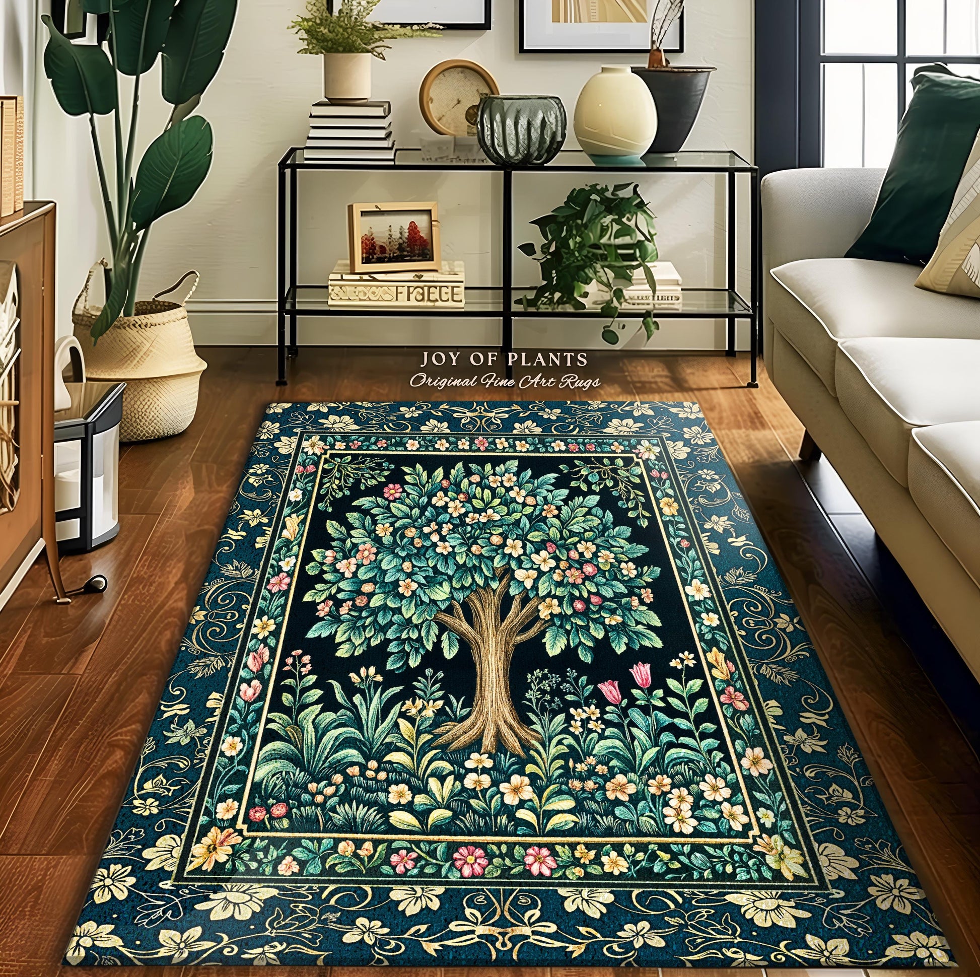 Folklore Forest Storybook Area Rug | Enchanted Floral Botanical Cozy Heritage Tree Vintage Cottagecore Romantic Nature Aesthetic Classic Rug