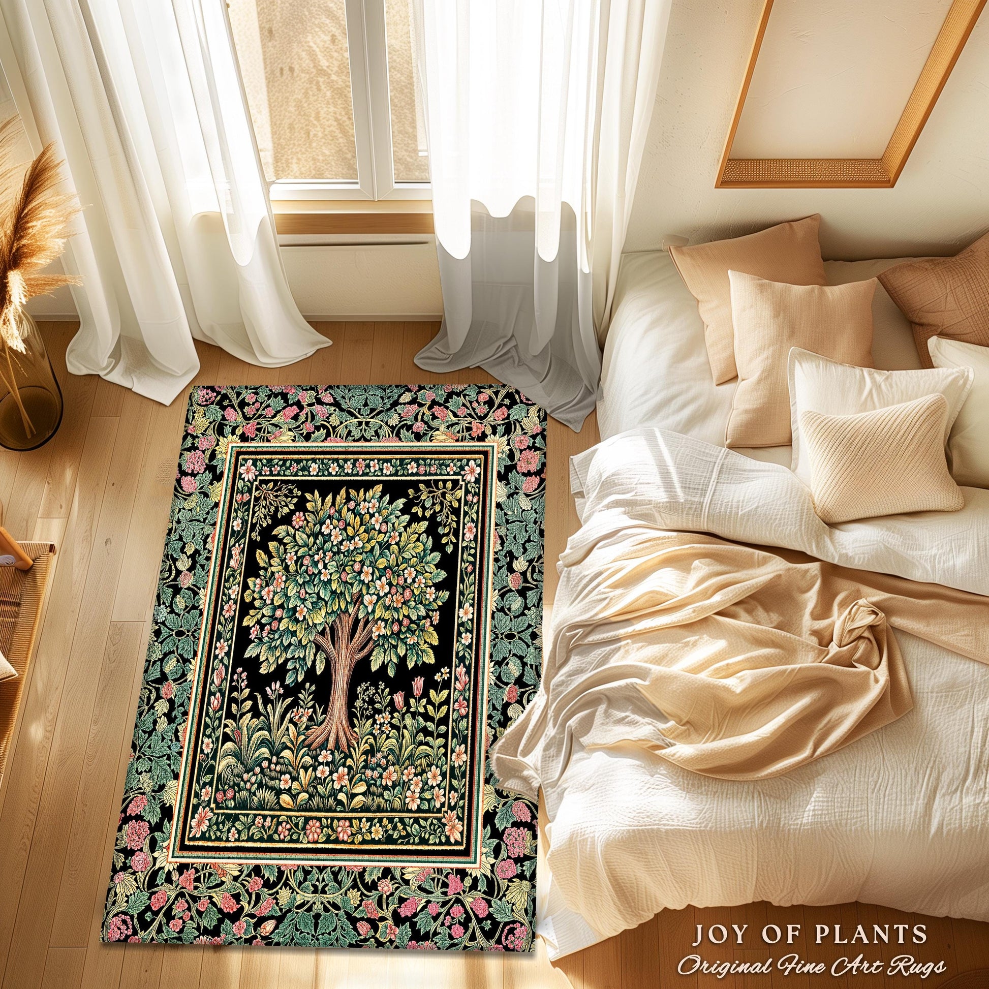 Fairy Garden Tree of Life Rug | Cottagecore Countryside Romantic Floral Landscape Whimsical Chateau Style Bohemian Botanical Home Accent |