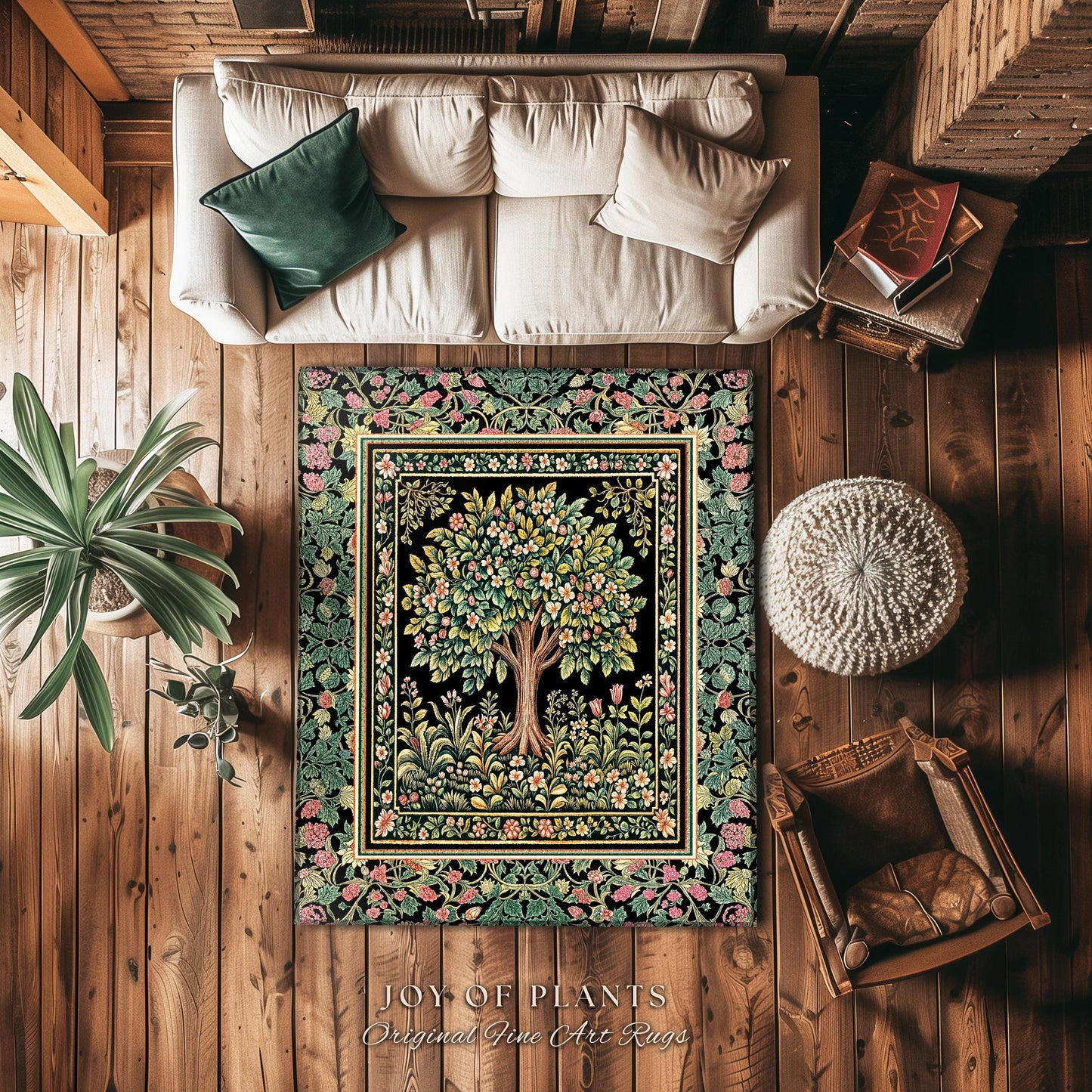 Fairy Garden Tree of Life Rug | Cottagecore Countryside Romantic Floral Landscape Whimsical Chateau Style Bohemian Botanical Home Accent |