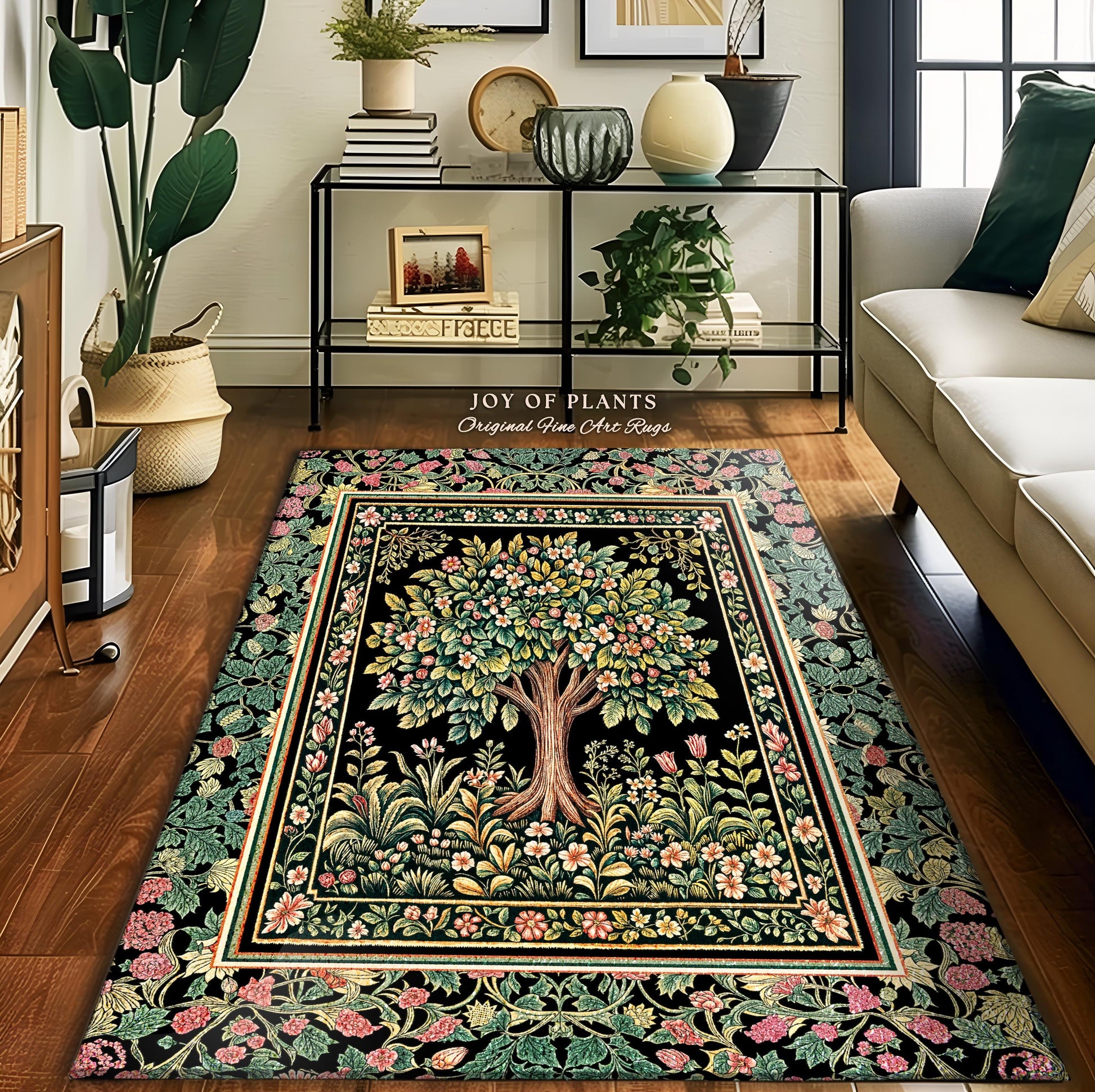 Fairy Garden Tree of Life Rug | Cottagecore Countryside Romantic Floral Landscape Whimsical Chateau Style Bohemian Botanical Home Accent |