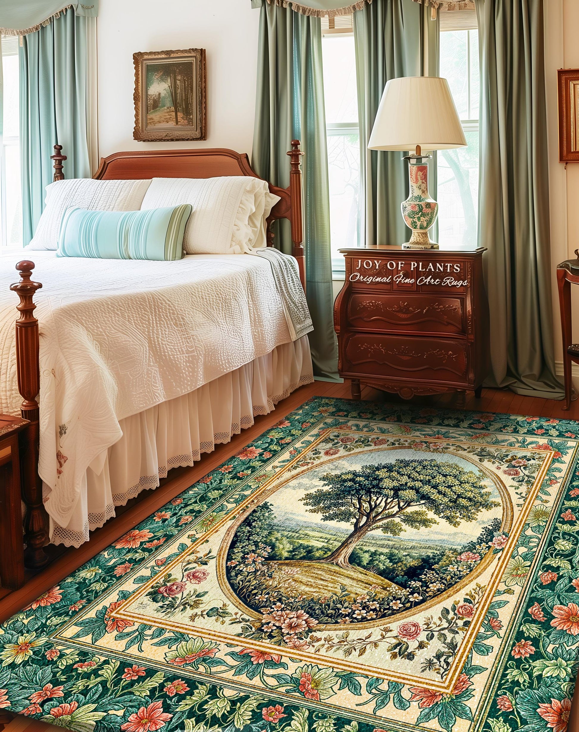 Romantic Ornate Botanical Countryside Rug | Victorian Antique Botanical Accent French Garden Style Chateau Floral Heritage Classical Decor