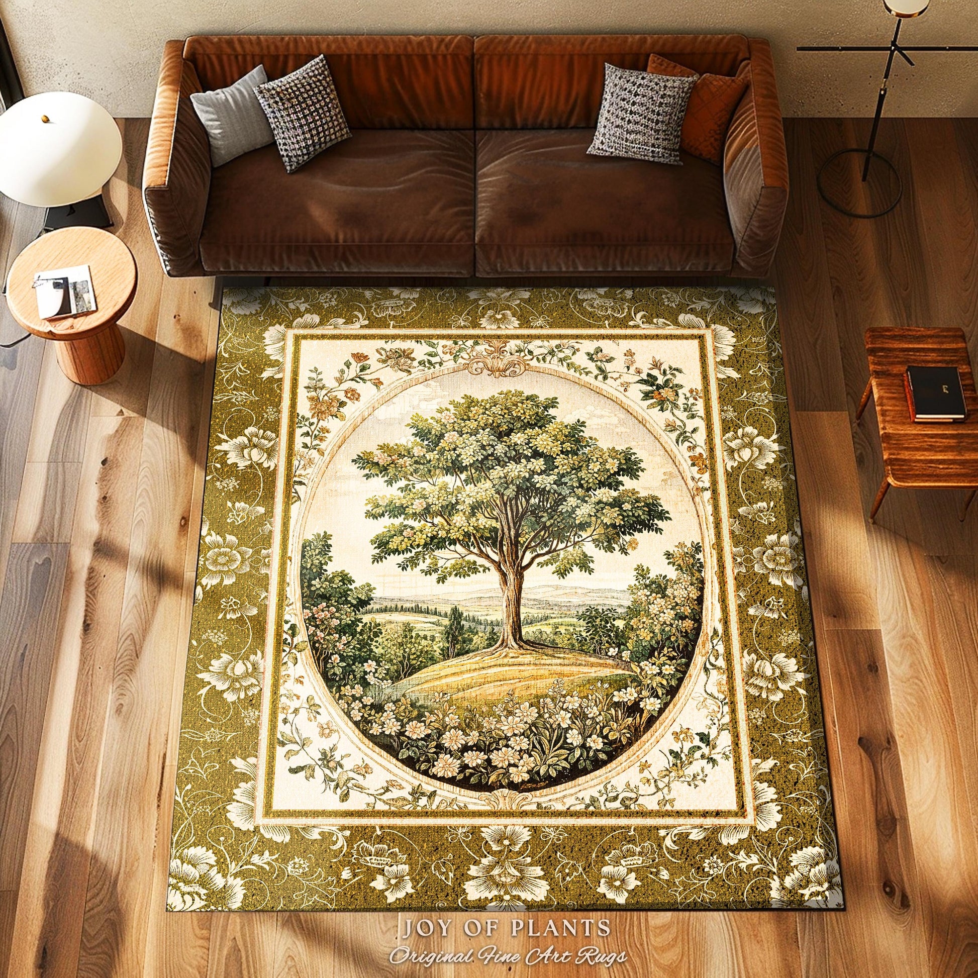 French Countryside Botanical Tree Rug | Victorian Garden Accent Romantic Country Decor Floral Pastoral Scene Antique Style Cottage Aesthetic