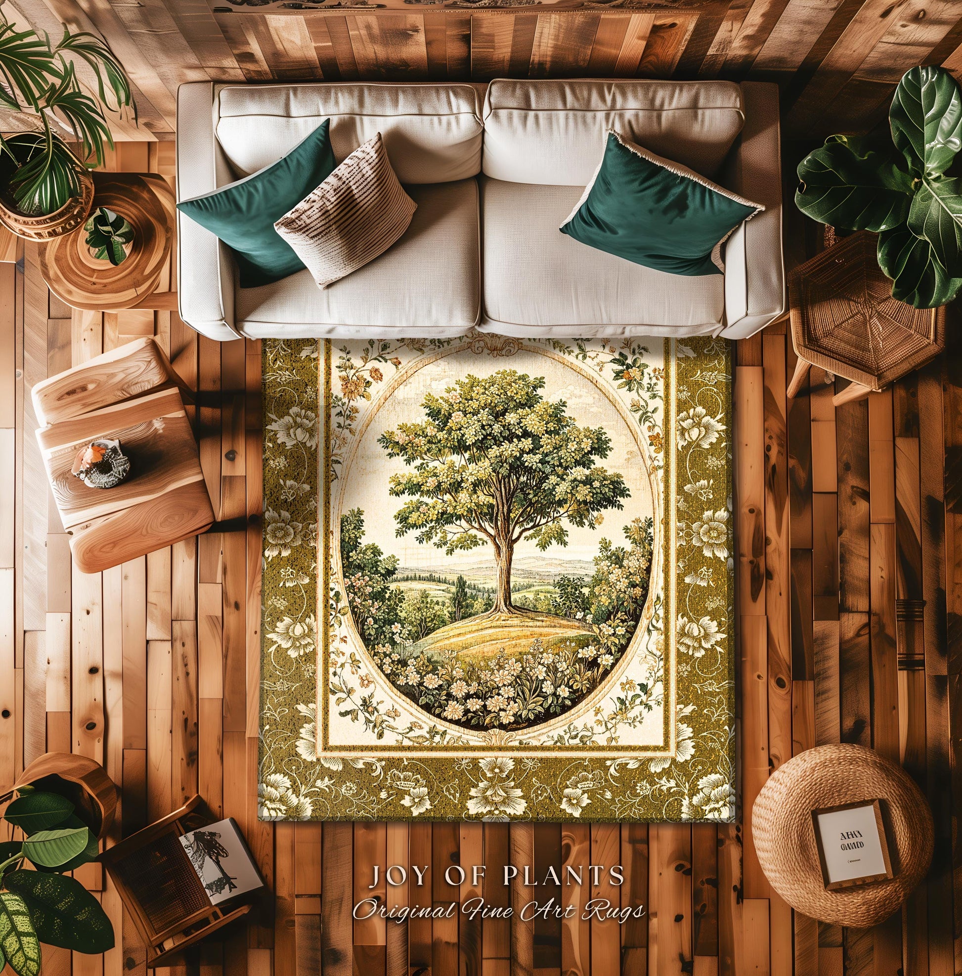 French Countryside Botanical Tree Rug | Victorian Garden Accent Romantic Country Decor Floral Pastoral Scene Antique Style Cottage Aesthetic