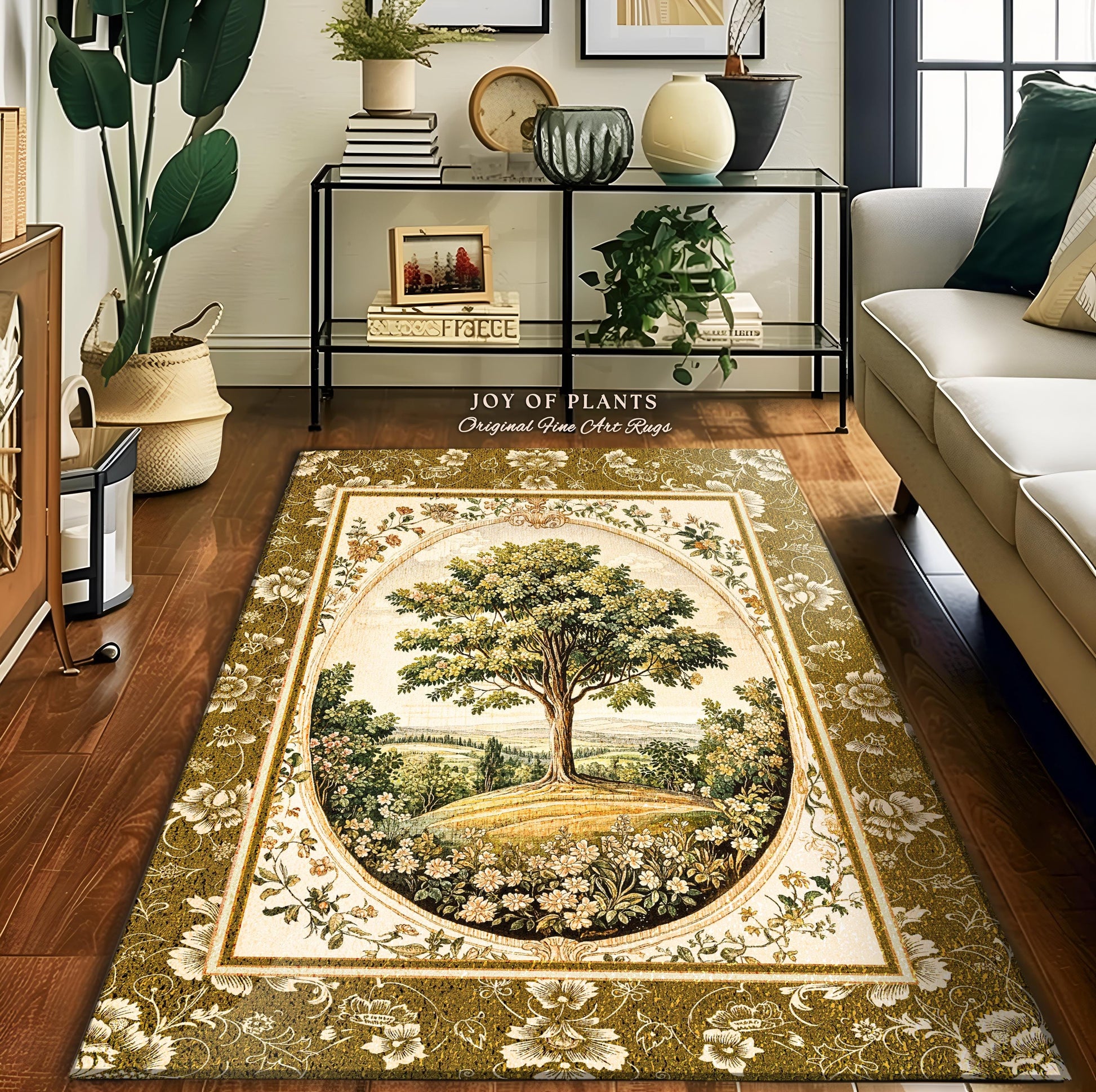 French Countryside Botanical Tree Rug | Victorian Garden Accent Romantic Country Decor Floral Pastoral Scene Antique Style Cottage Aesthetic