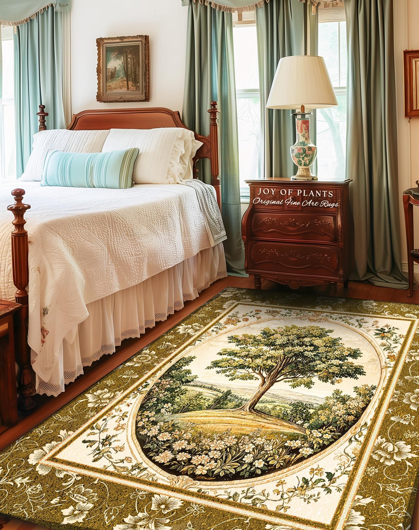 French Countryside Botanical Tree Rug | Victorian Garden Accent Romantic Country Decor Floral Pastoral Scene Antique Style Cottage Aesthetic