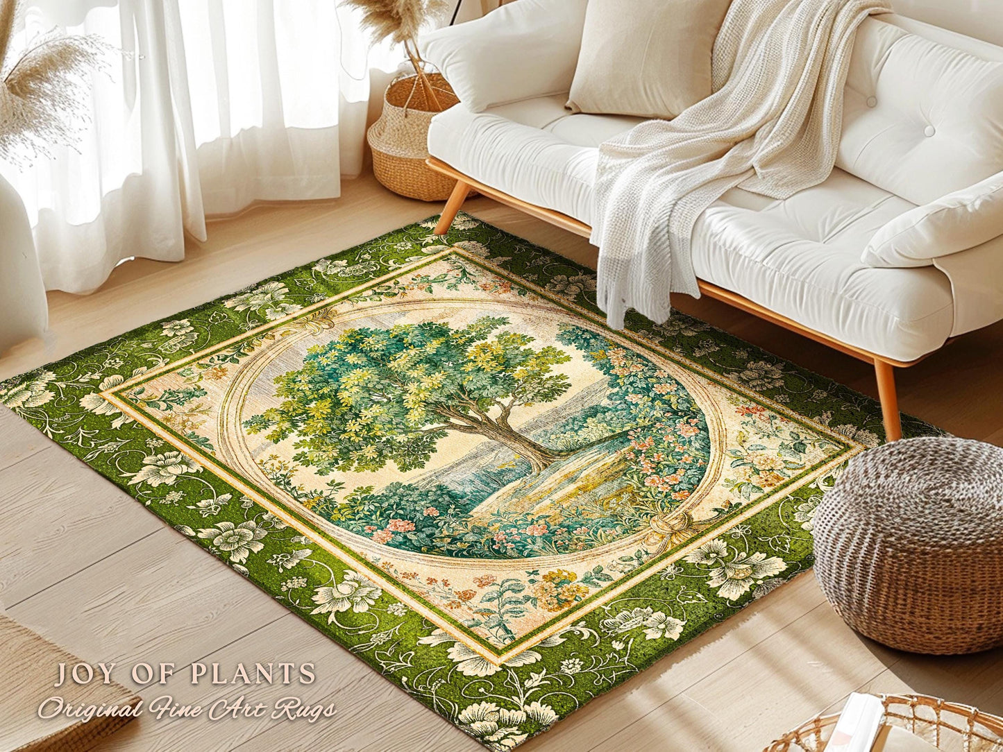 Victorian Soft Aesthetic Tree of Life Rug | Romantic Botanical Regency Decor Floral Enchanted Forest Accent Green Tones Cottagecore Theme