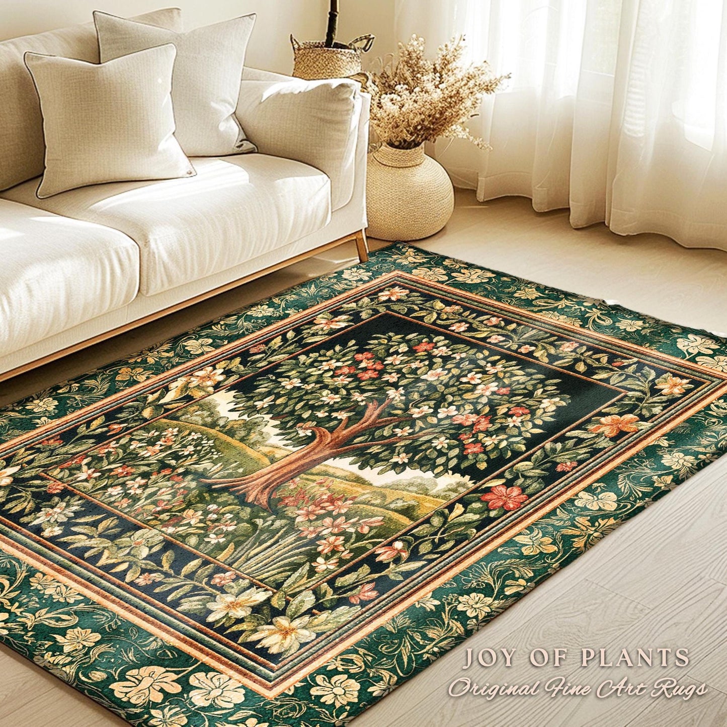 Botanical Tree of Life Accent Rug | Ornate Floral Heritage Decor Vintage Nature Aesthetic Cottagecore Fairycore Bedroom Woodland Inspired