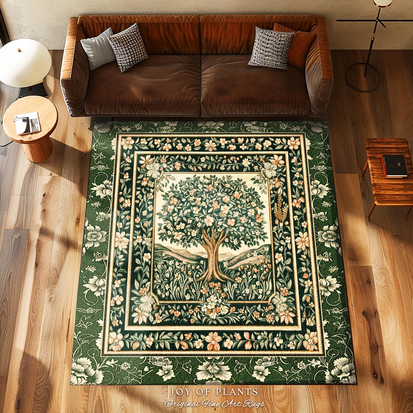 Enchanted Garden Folklore Tree Rug | Emerald Green Botanical Coquette Accent Rug Floral Accent Forest Theme Rug Folklore Design Cottagecore