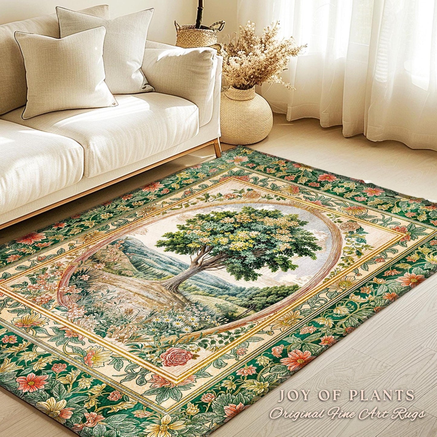 Chateau Garden Tree of Life Rug | French Provincial Landscape Antique Floral Accent Romantic Aesthetic Victorian Home Decor Ornate Style