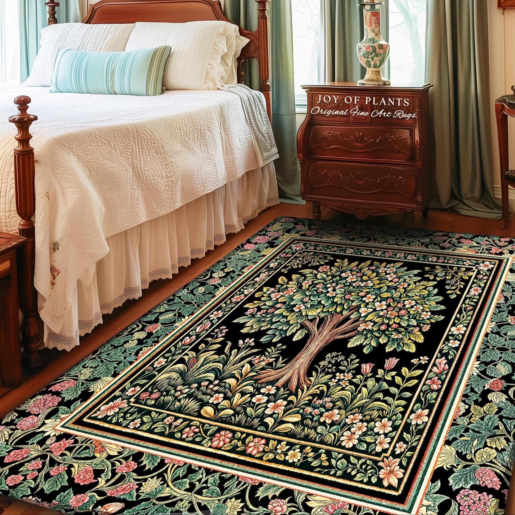 Fairy Garden Tree of Life Rug | Cottagecore Countryside Romantic Floral Landscape Whimsical Chateau Style Bohemian Botanical Home Accent |