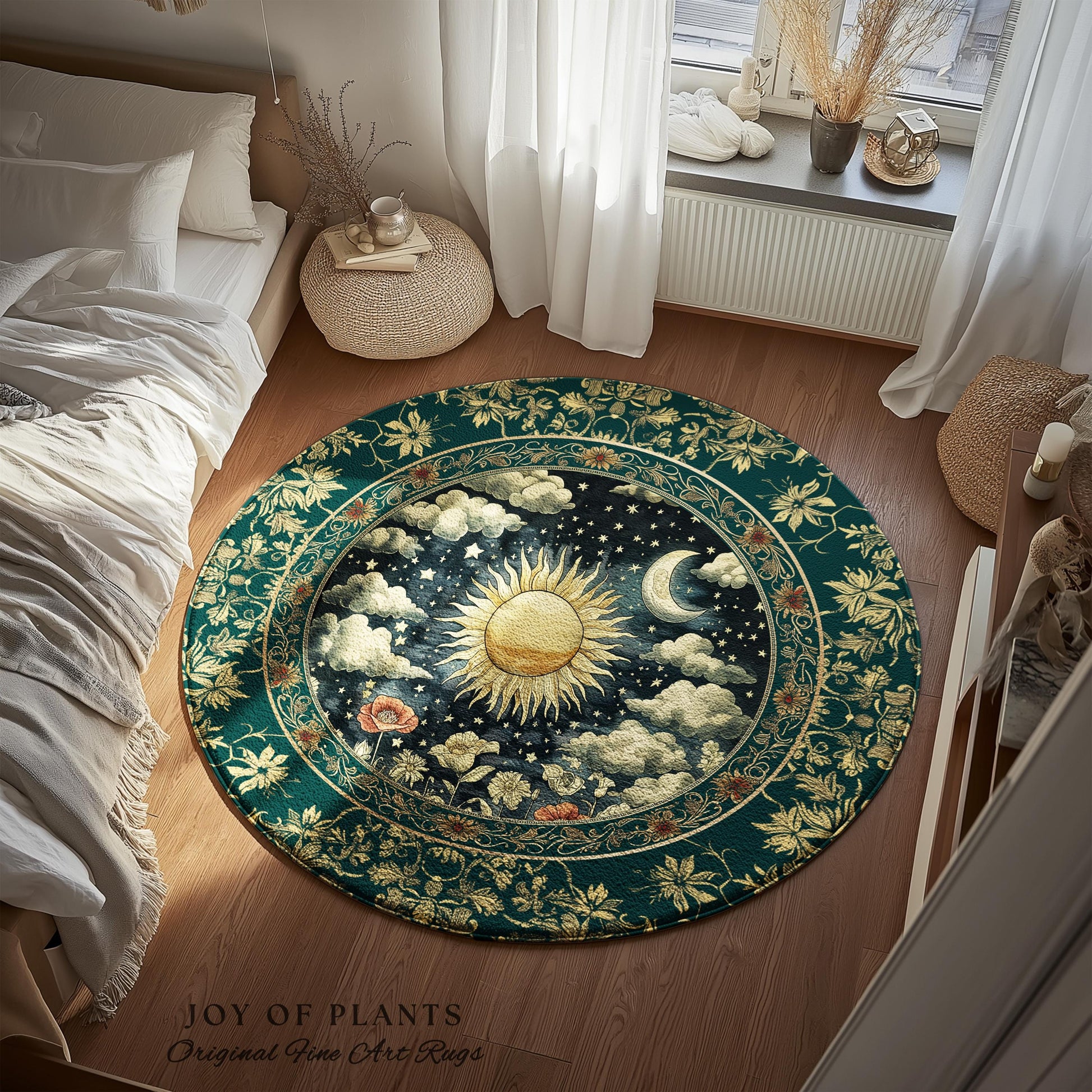 Dreamy Aesthetic Maximalist Accent Rug | Sun and Moon Bohemian Sunshine Astrology Psychedelic Celestial Cozy Bedroom Magical Area Rug Tarot