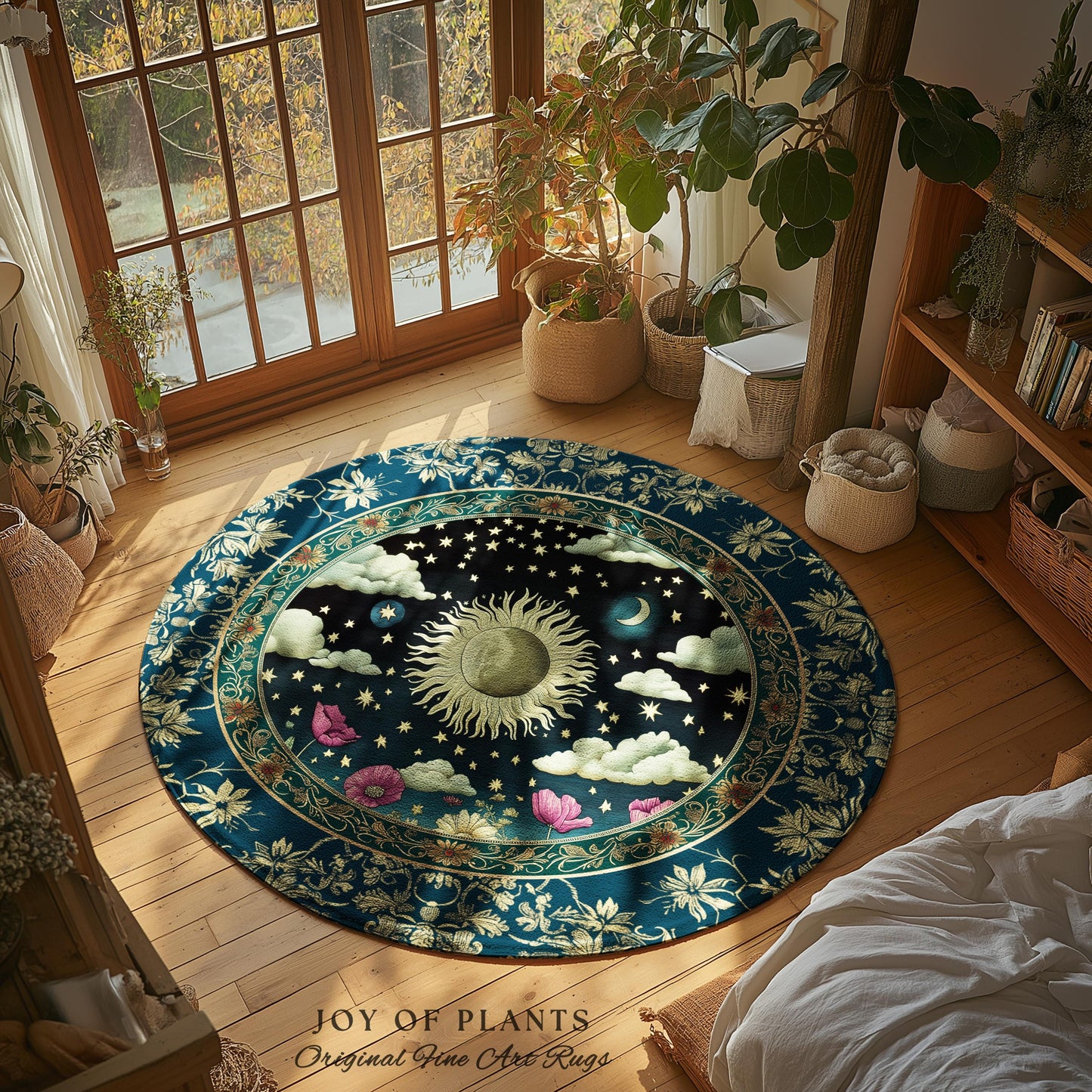 Floral Gothic Celestial Area Rug | Witchy Sun Moon Stars Spiritual Tarot Decor Bohemian Indie Bedroom Accent Cozy Cottagecore Aesthetic |