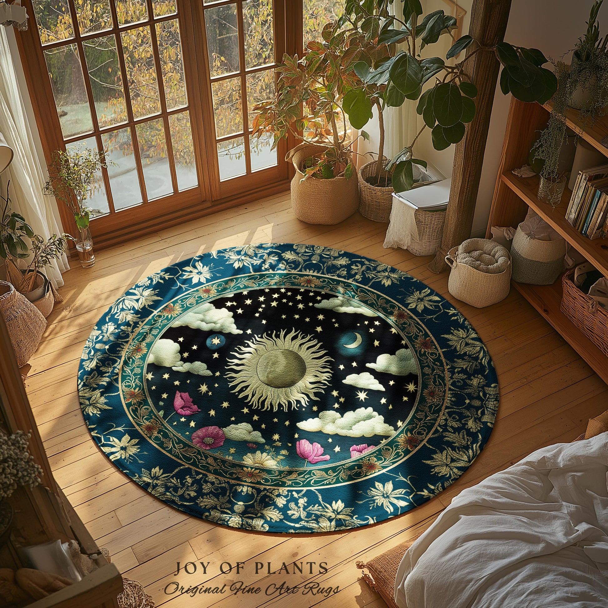 Floral Gothic Celestial Area Rug | Witchy Sun Moon Stars Spiritual Tarot Decor Bohemian Indie Bedroom Accent Cozy Cottagecore Aesthetic |