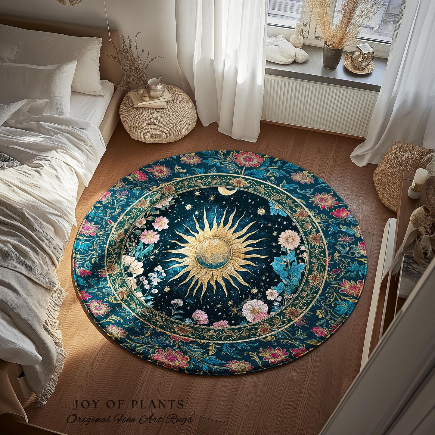 Celestial Sun Rustic Area Rug | Eclectic Bedroom Accent Wildflowers Tapestry Cosmic Astrology Home Accent Psychedelic Tarot Decor Witchy |
