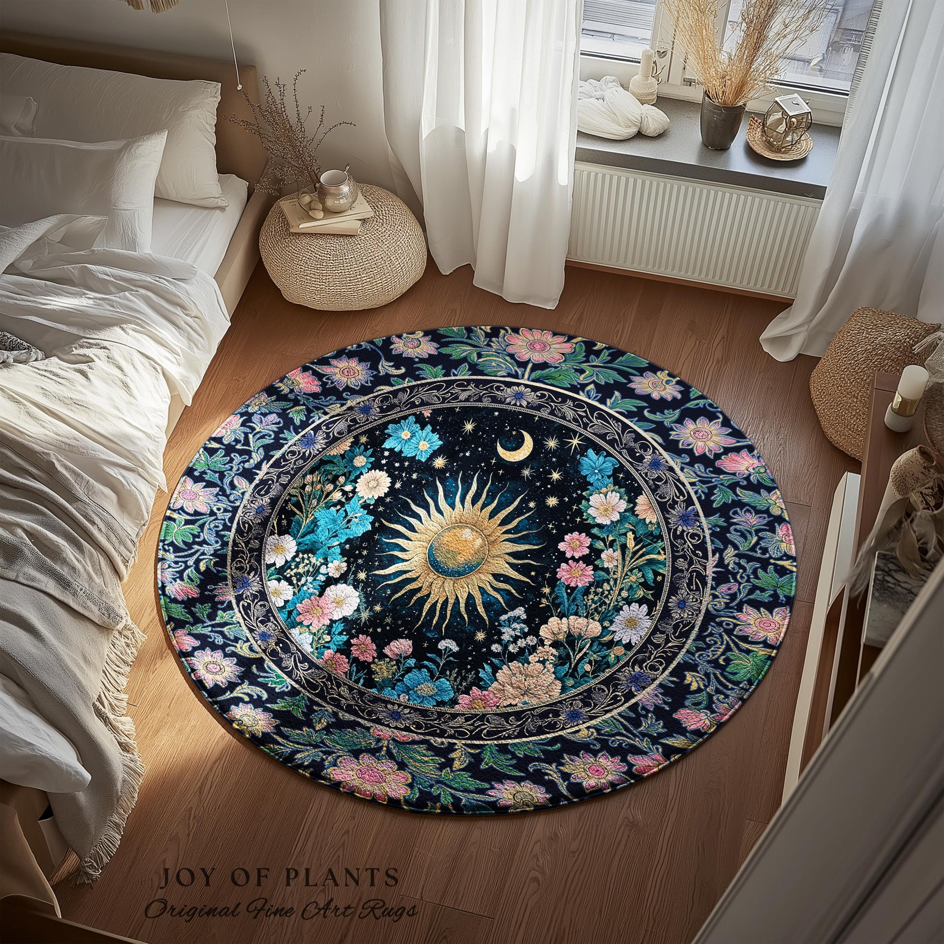 Colorful Maximalist Boho Sun Area Rug | Whimsigothic Tarot Home Accent Celestial Spiritual Decor Bohemian Indie Bedroom Sun and Moon Cozy |
