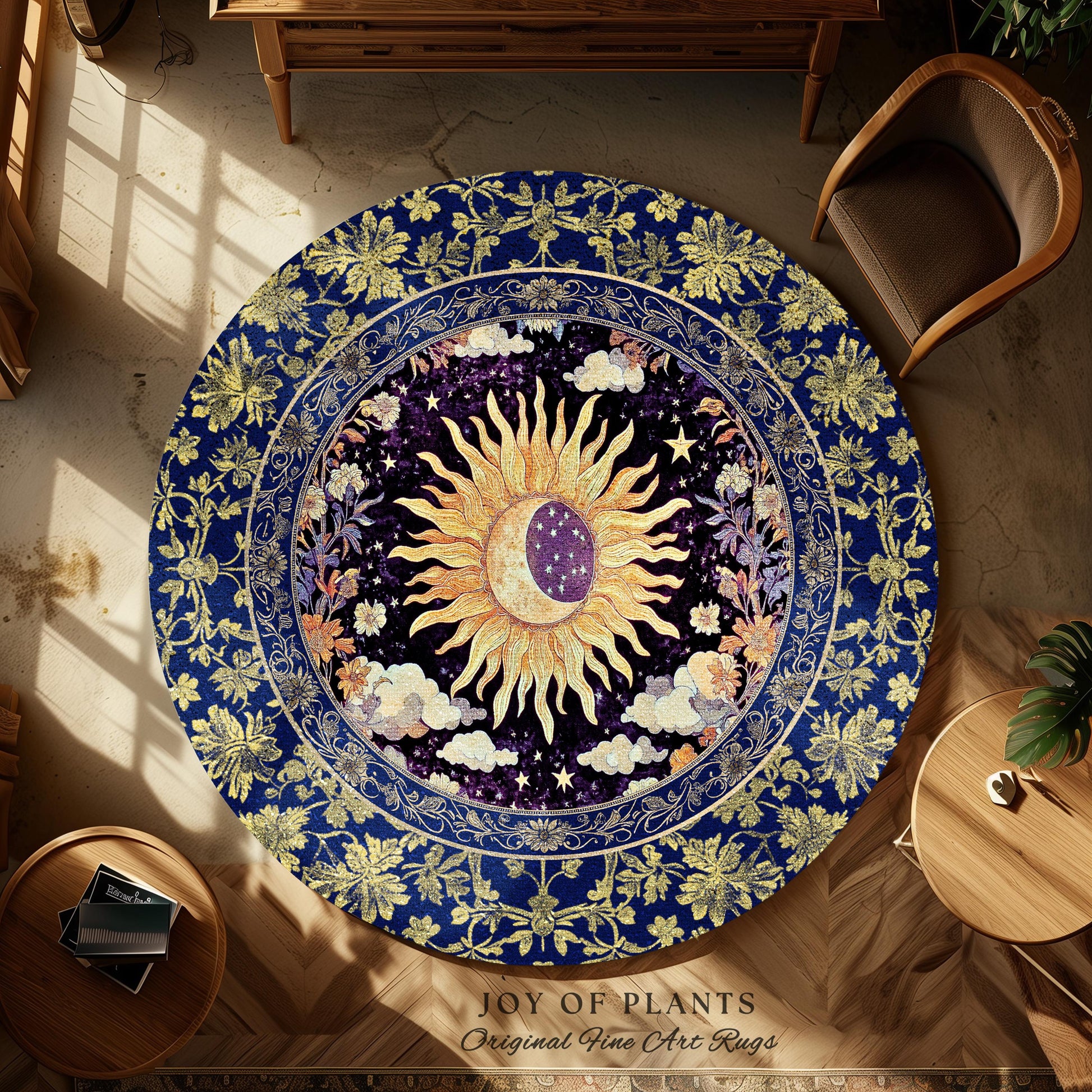 Cosmic Whimsy Fairycore Area Rug | Ethereal Sun Aesthetic Celestial Bedroom Accent Floral Tarot Theme Sun and Moon Colorful Maximalist Decor