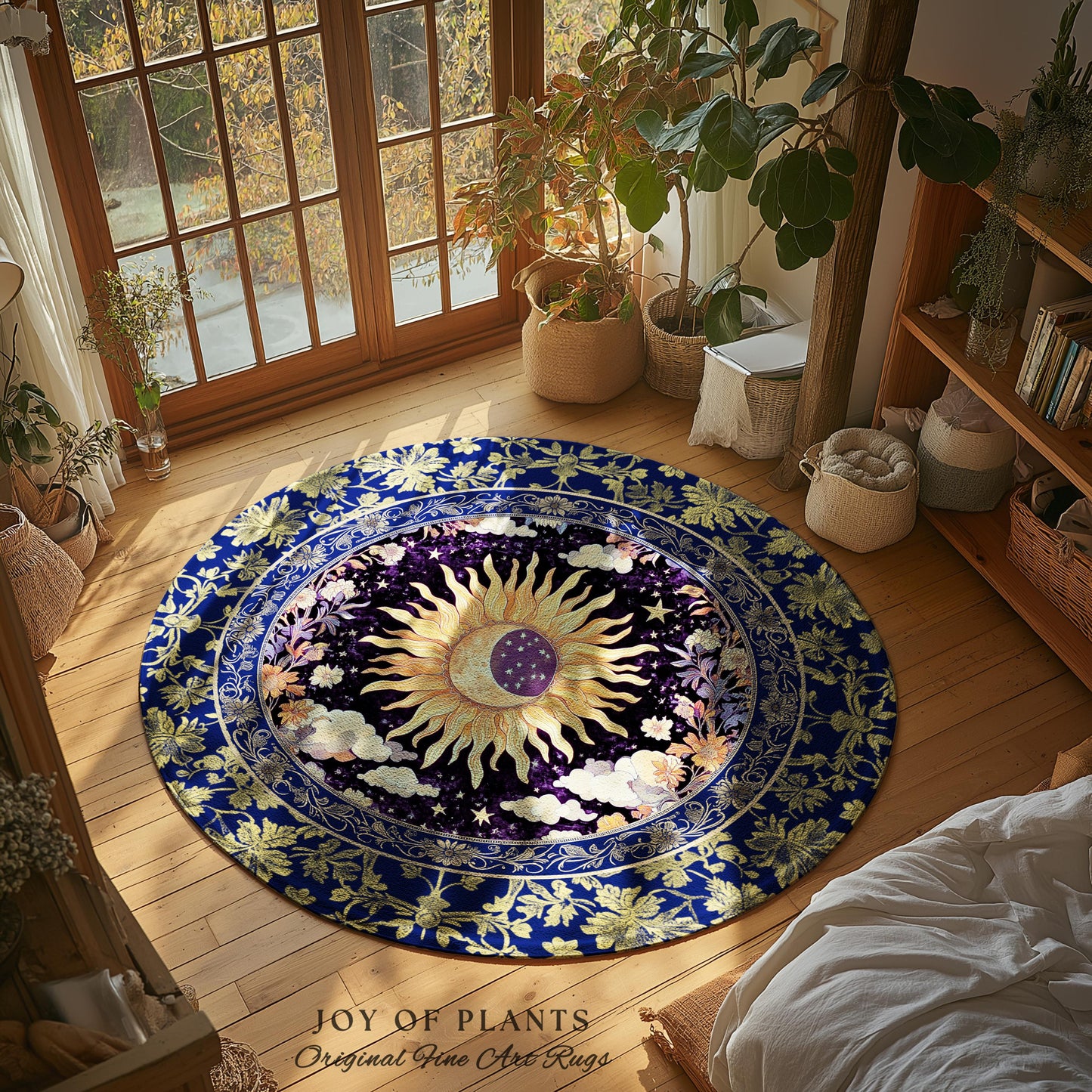 Cosmic Whimsy Fairycore Area Rug | Ethereal Sun Aesthetic Celestial Bedroom Accent Floral Tarot Theme Sun and Moon Colorful Maximalist Decor