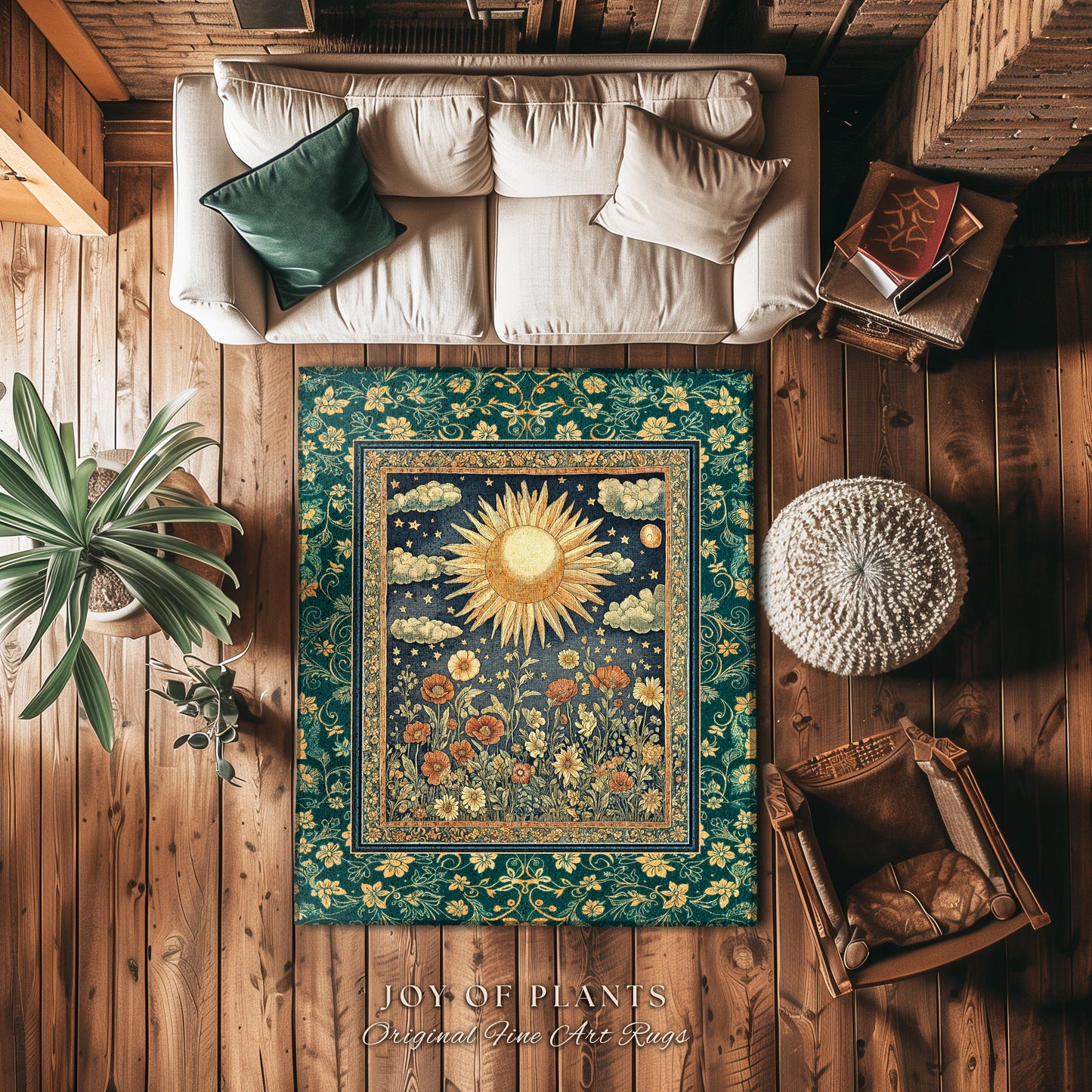 Maximalist Sun Goddess Accent Rug | Nature Botanical Area Rug Floral Light Academia Spiritual Aesthetic Zodiac Theme Celestial Bedroom Decor