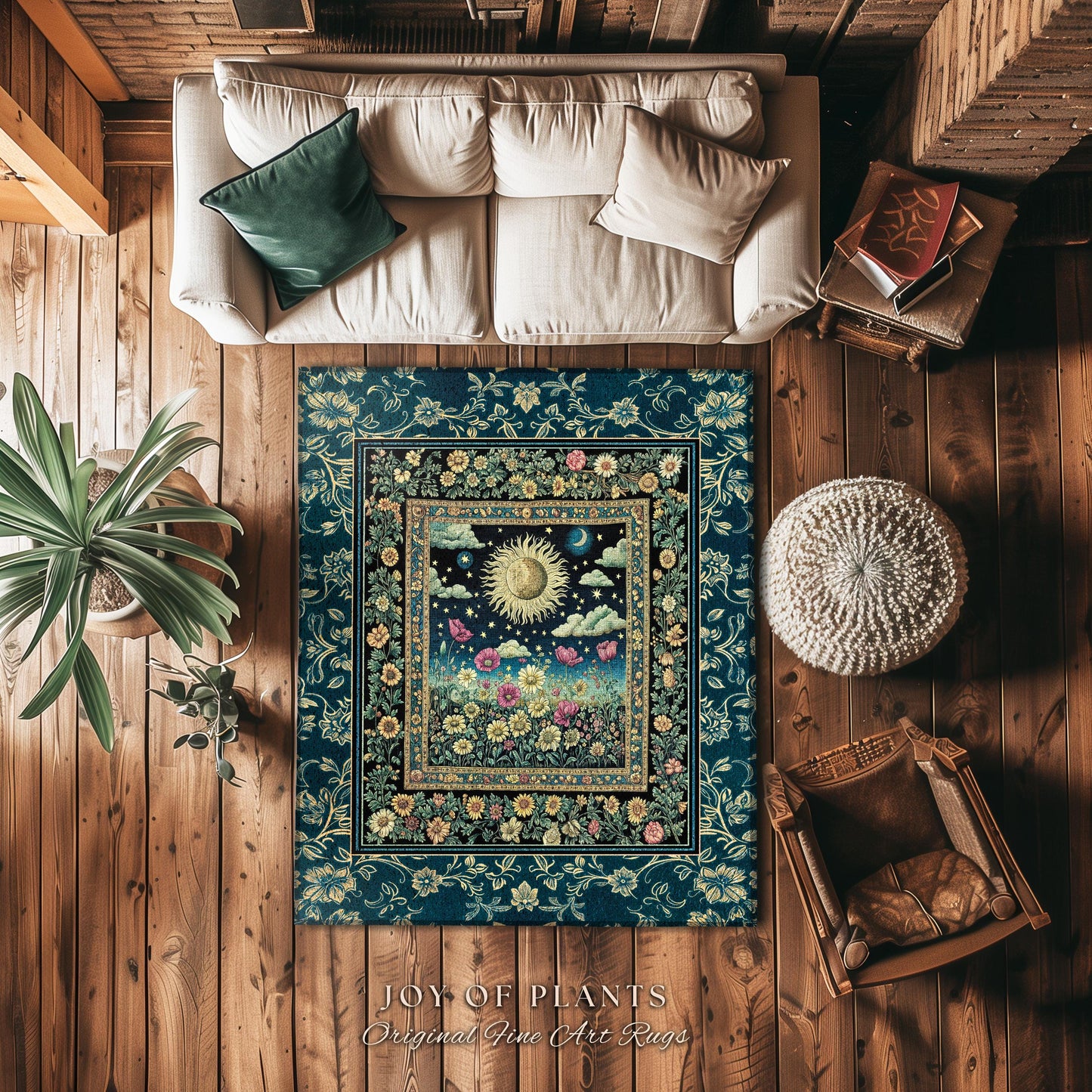 Floral Gothic Celestial Area Rug | Witchy Sun Moon Stars Spiritual Tarot Decor Bohemian Indie Bedroom Accent Cozy Cottagecore Aesthetic |