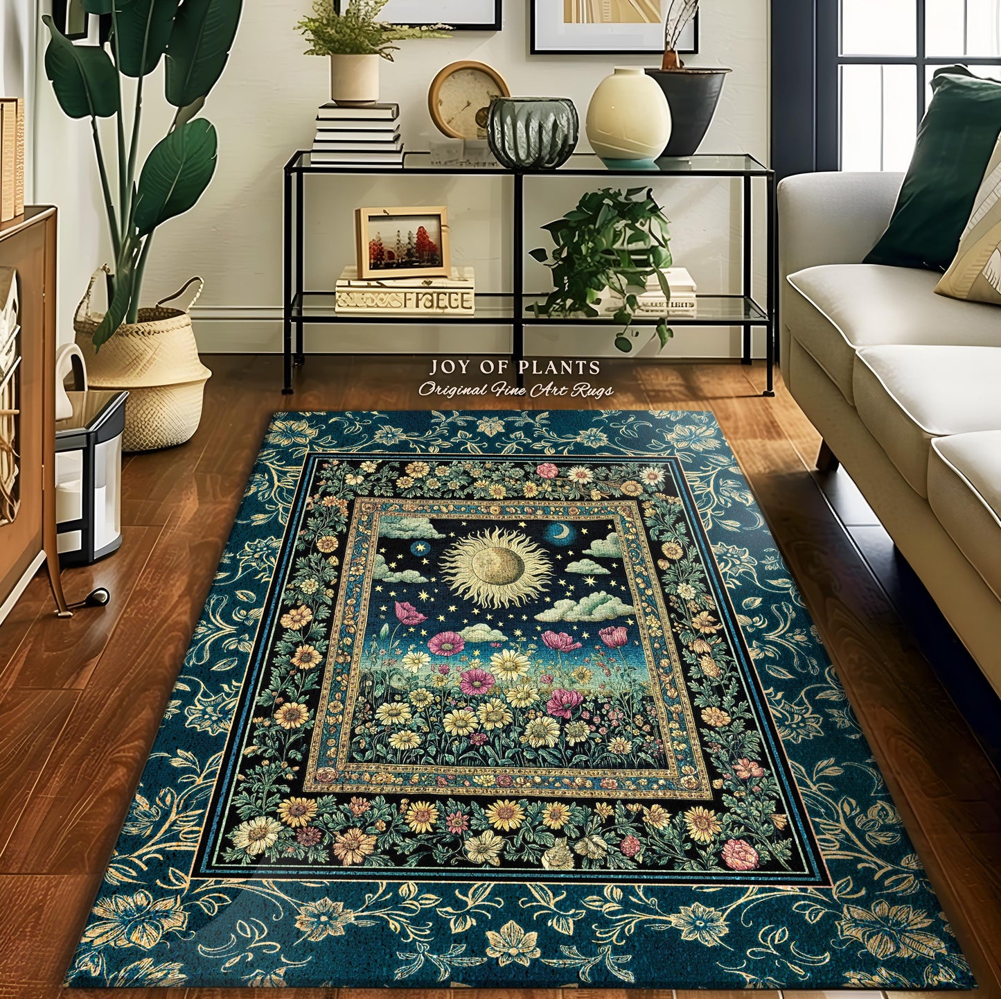 Floral Gothic Celestial Area Rug | Witchy Sun Moon Stars Spiritual Tarot Decor Bohemian Indie Bedroom Accent Cozy Cottagecore Aesthetic |