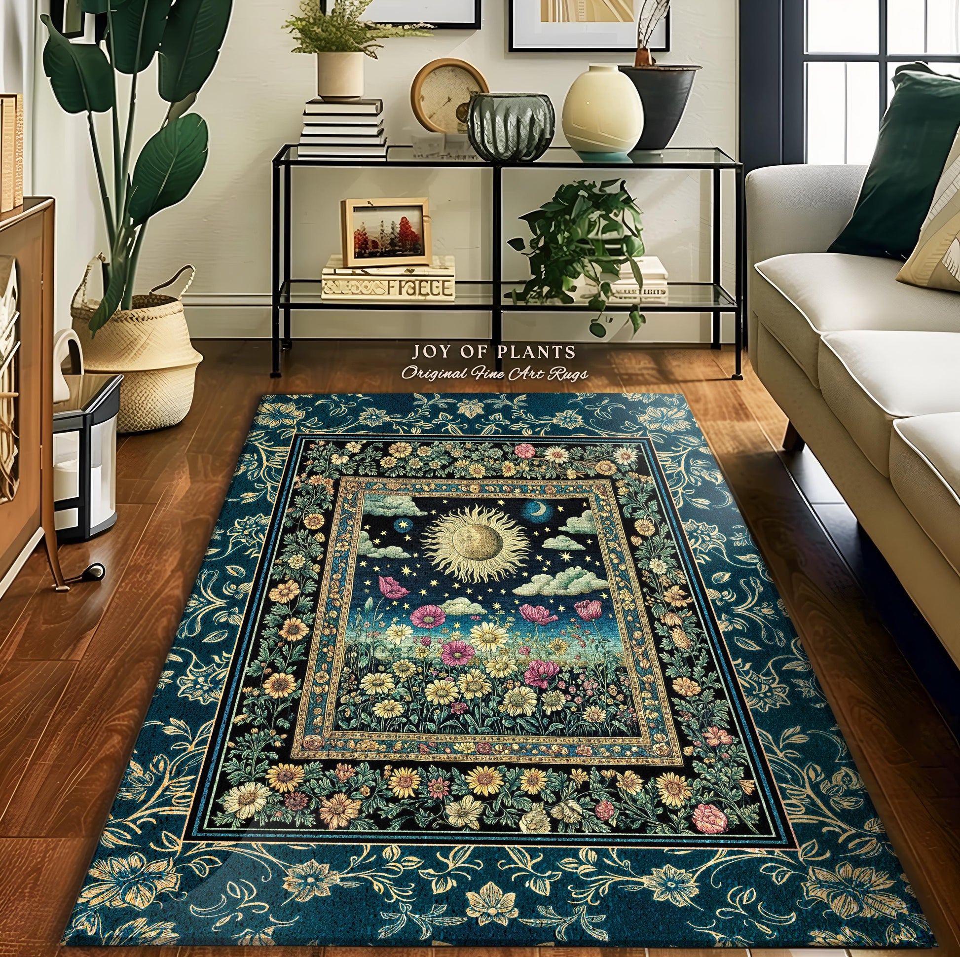 Floral Gothic Celestial Area Rug | Witchy Sun Moon Stars Spiritual Tarot Decor Bohemian Indie Bedroom Accent Cozy Cottagecore Aesthetic |