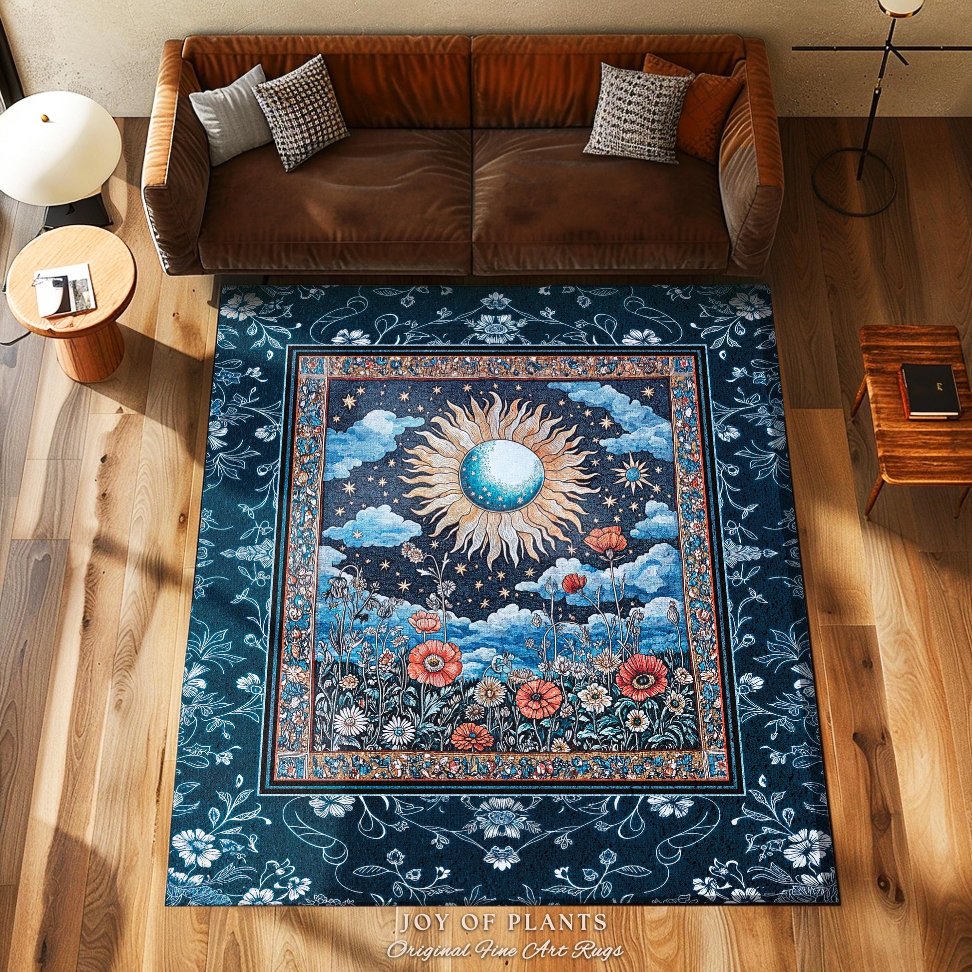 Retro Astrology Round Area Rug | Whimsigothic Bedroom Maximalist Hippie Aesthetic Floral Home Accent Rug Psychedelic Cottagecore Ethereal |