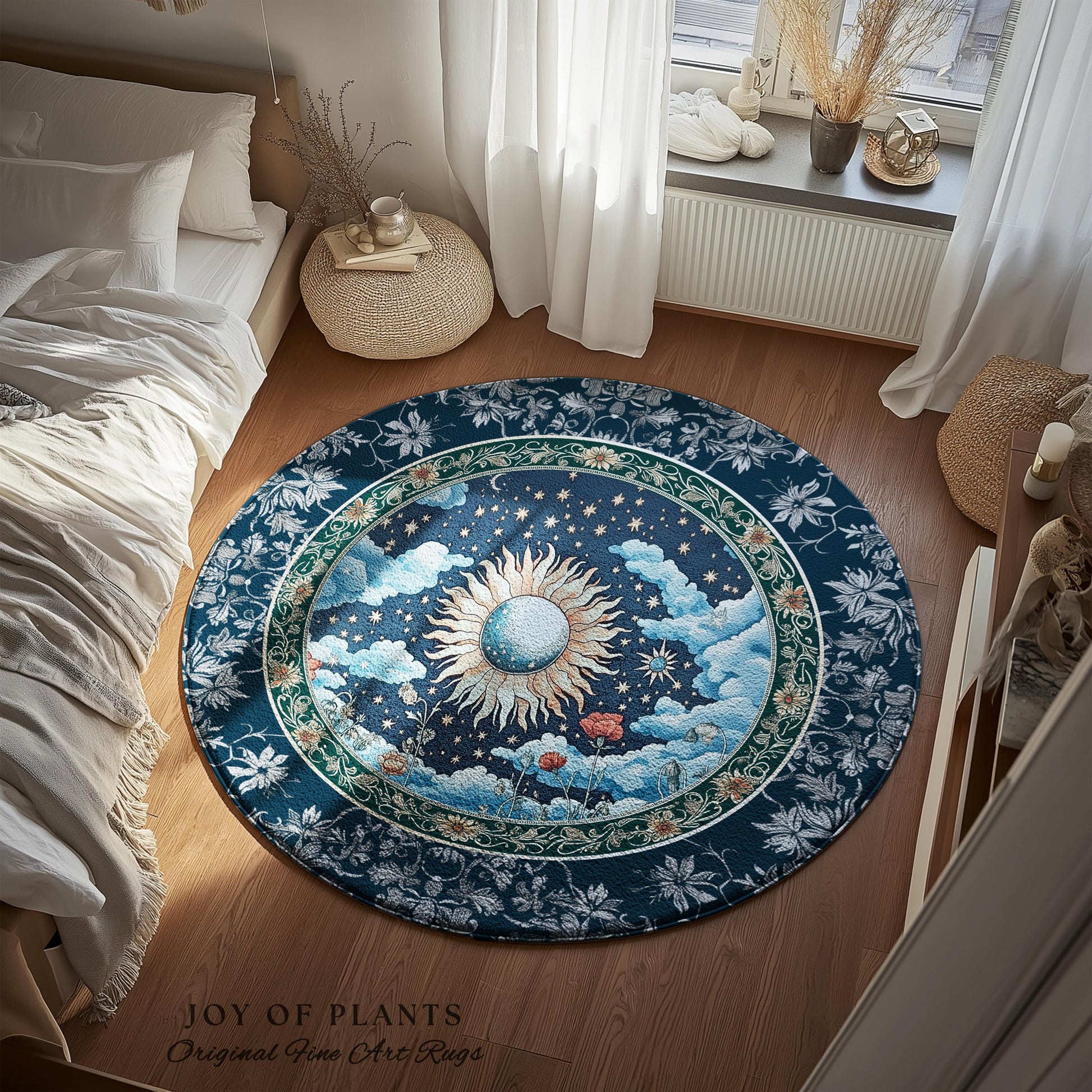 Retro Astrology Round Area Rug | Whimsigothic Bedroom Maximalist Hippie Aesthetic Floral Home Accent Rug Psychedelic Cottagecore Ethereal |