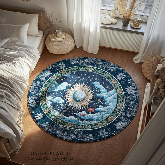 Retro Astrology Round Area Rug | Whimsigothic Bedroom Maximalist Hippie Aesthetic Floral Home Accent Rug Psychedelic Cottagecore Ethereal |