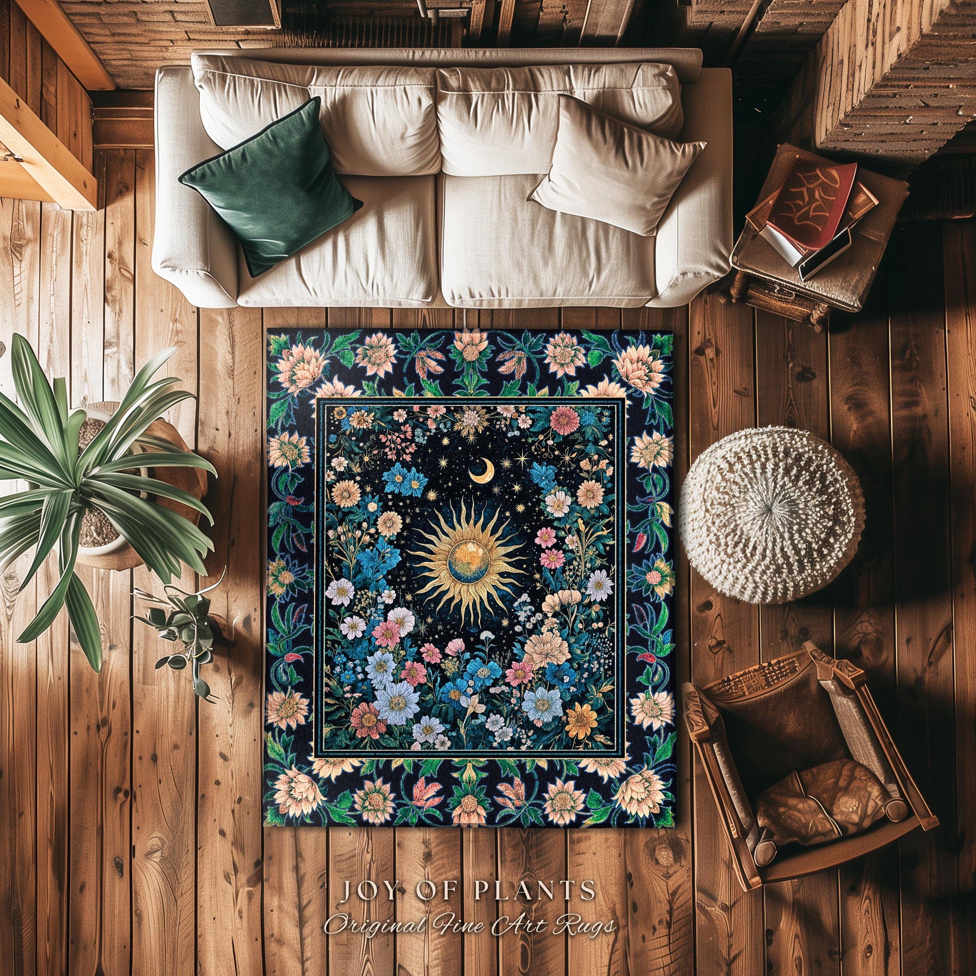 Colorful Maximalist Boho Sun Area Rug | Whimsigothic Tarot Home Accent Celestial Spiritual Decor Bohemian Indie Bedroom Sun and Moon Cozy |