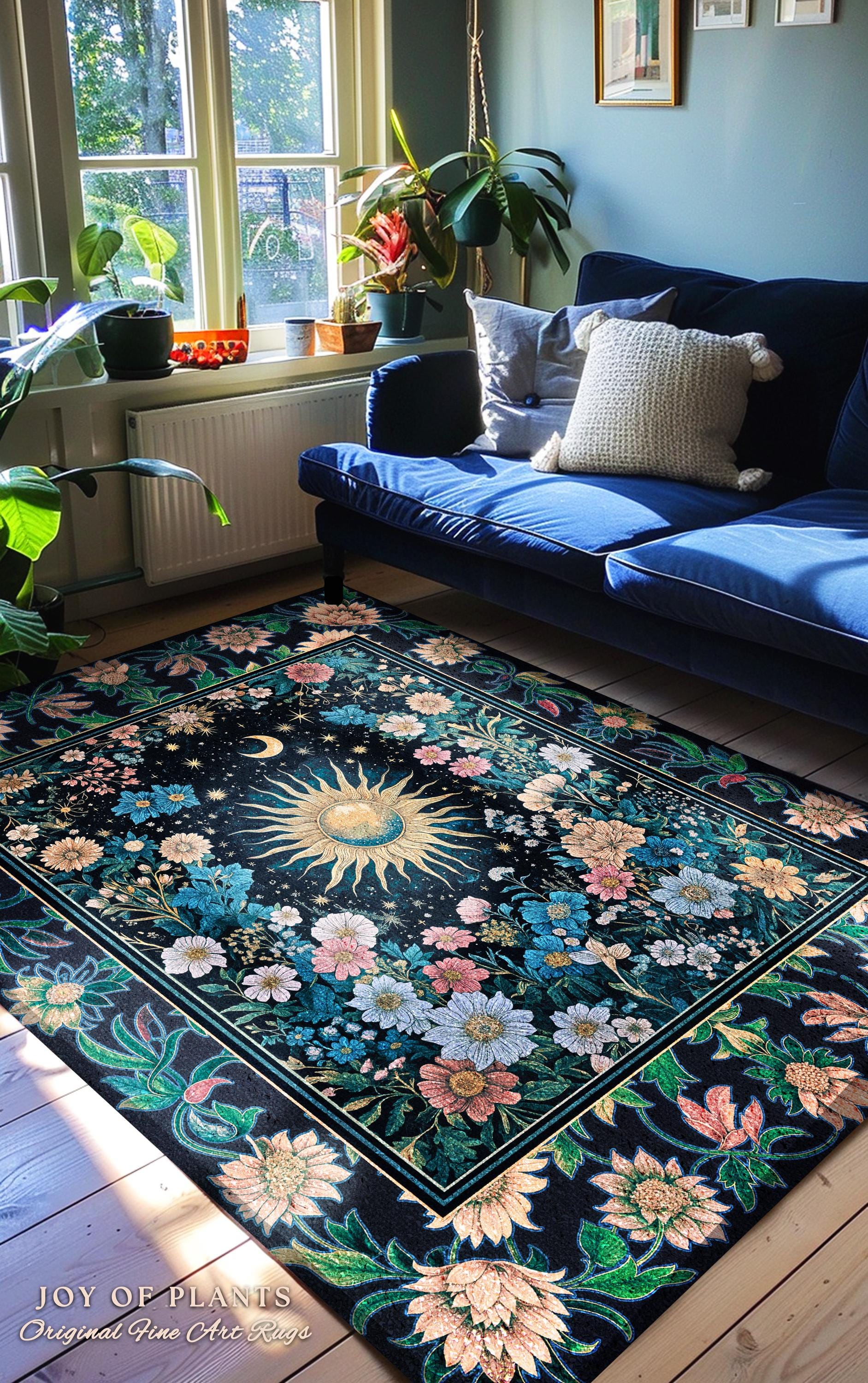 Colorful Maximalist Boho Sun Area Rug | Whimsigothic Tarot Home Accent Celestial Spiritual Decor Bohemian Indie Bedroom Sun and Moon Cozy |