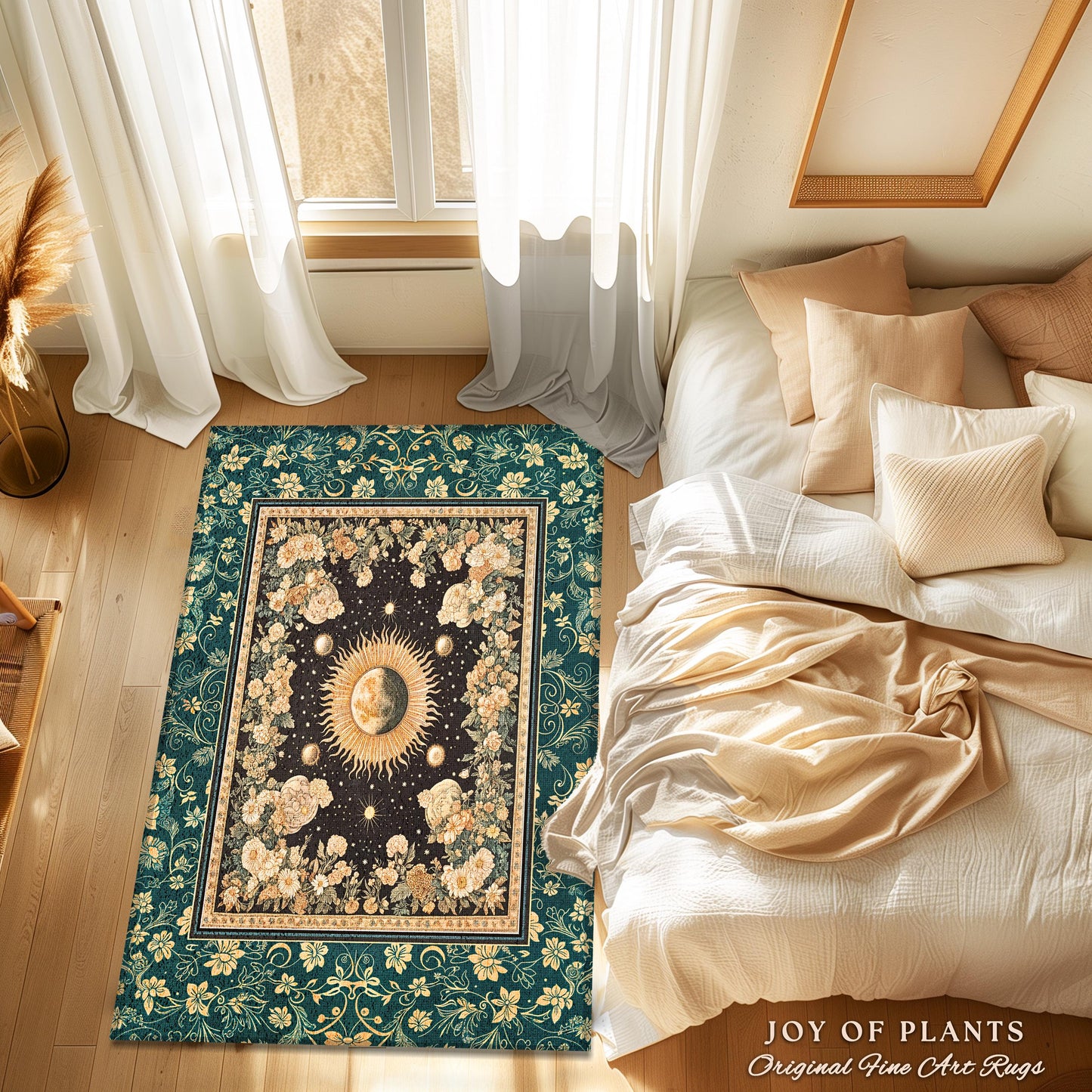 Sun and Moon Bohemian Accent Rug | Moody Skies Astrology Vintage Celestial Cozy Area Rug Astrology Tapestry Dark Cottagecore Boho Style |