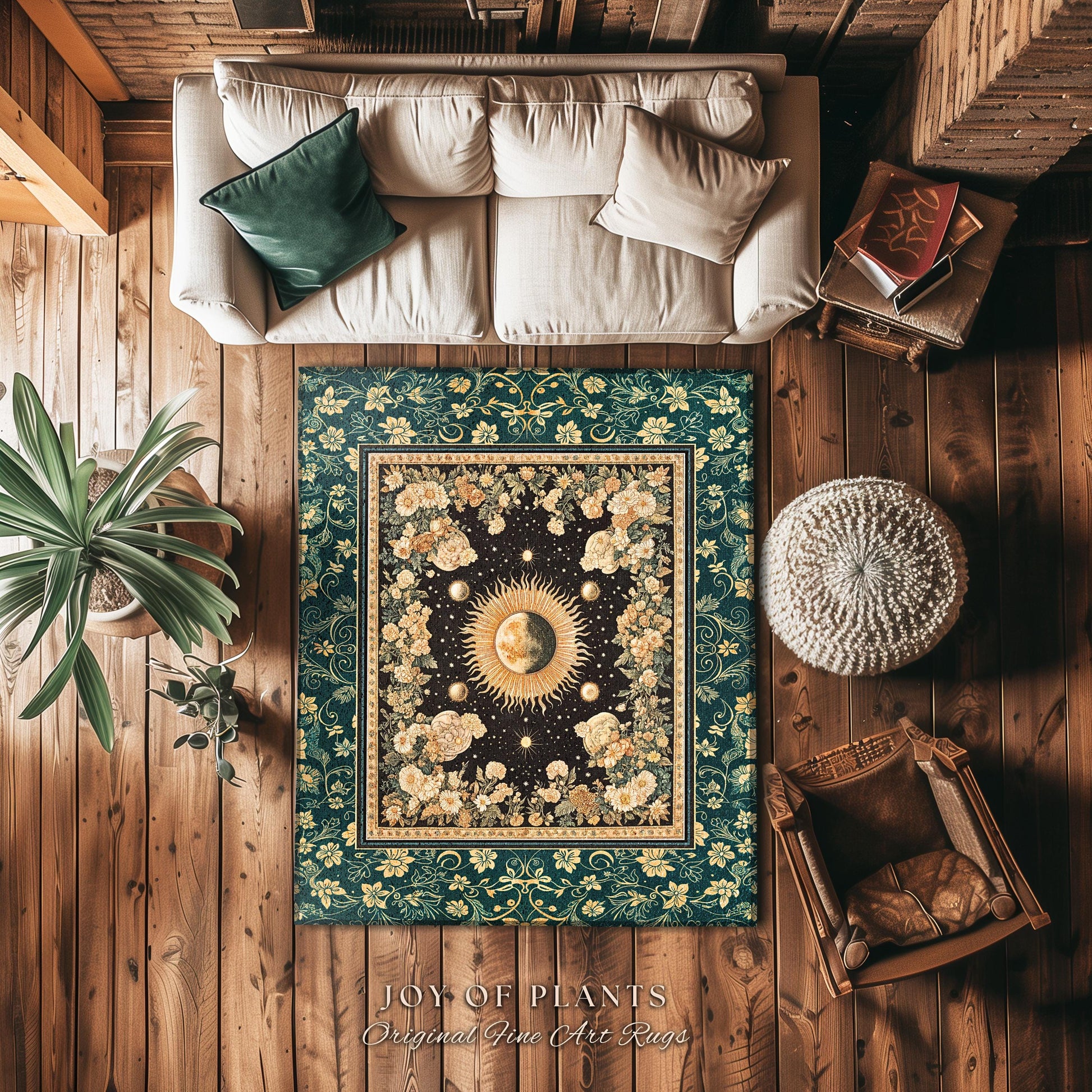 Sun and Moon Bohemian Accent Rug | Moody Skies Astrology Vintage Celestial Cozy Area Rug Astrology Tapestry Dark Cottagecore Boho Style |