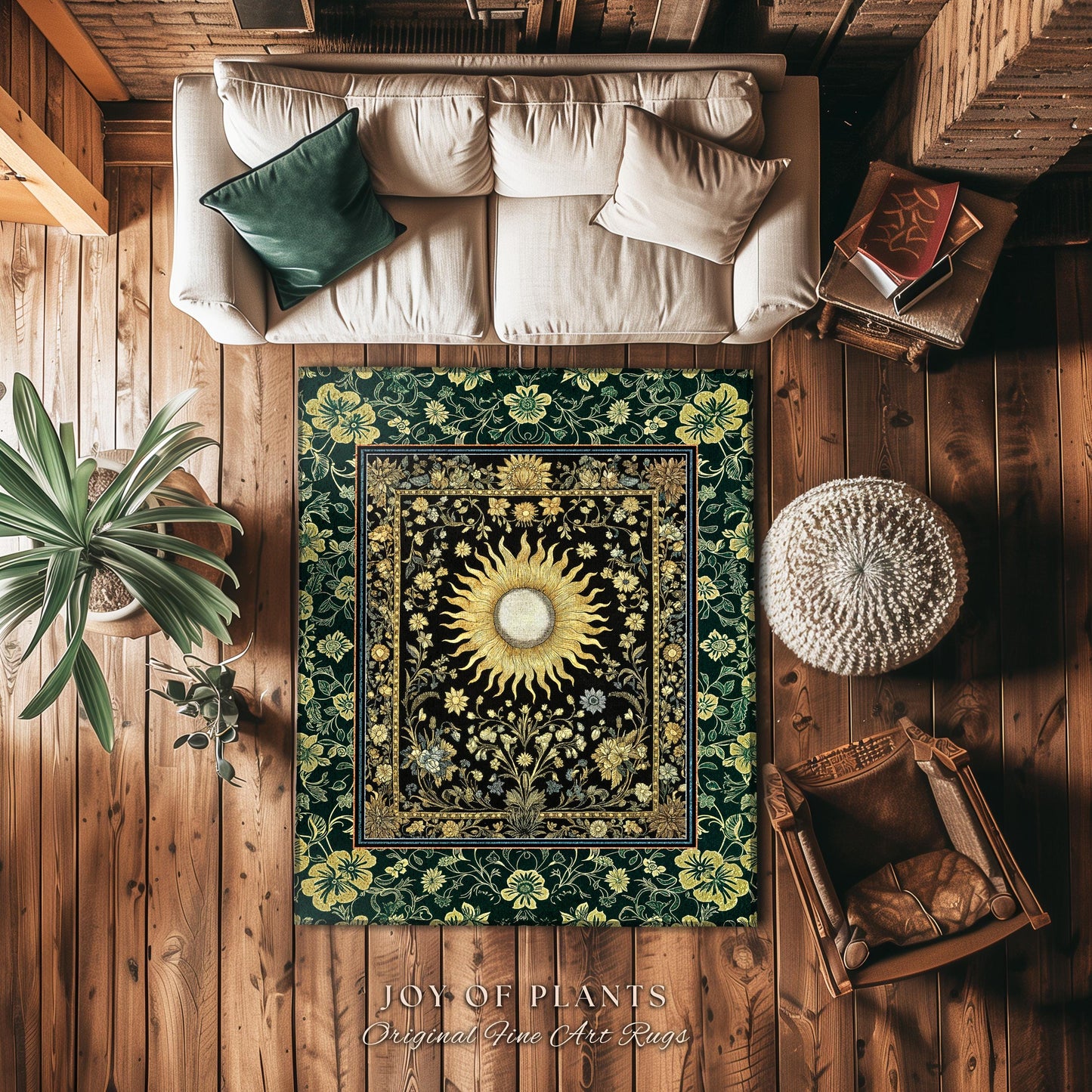 Boho Tarot Sun Round Accent Rug | Zodiac Inspired Mystical Area Rug Floral Whimsical Ethereal Moon and Stars Astrology Witchy Bedroom Decor