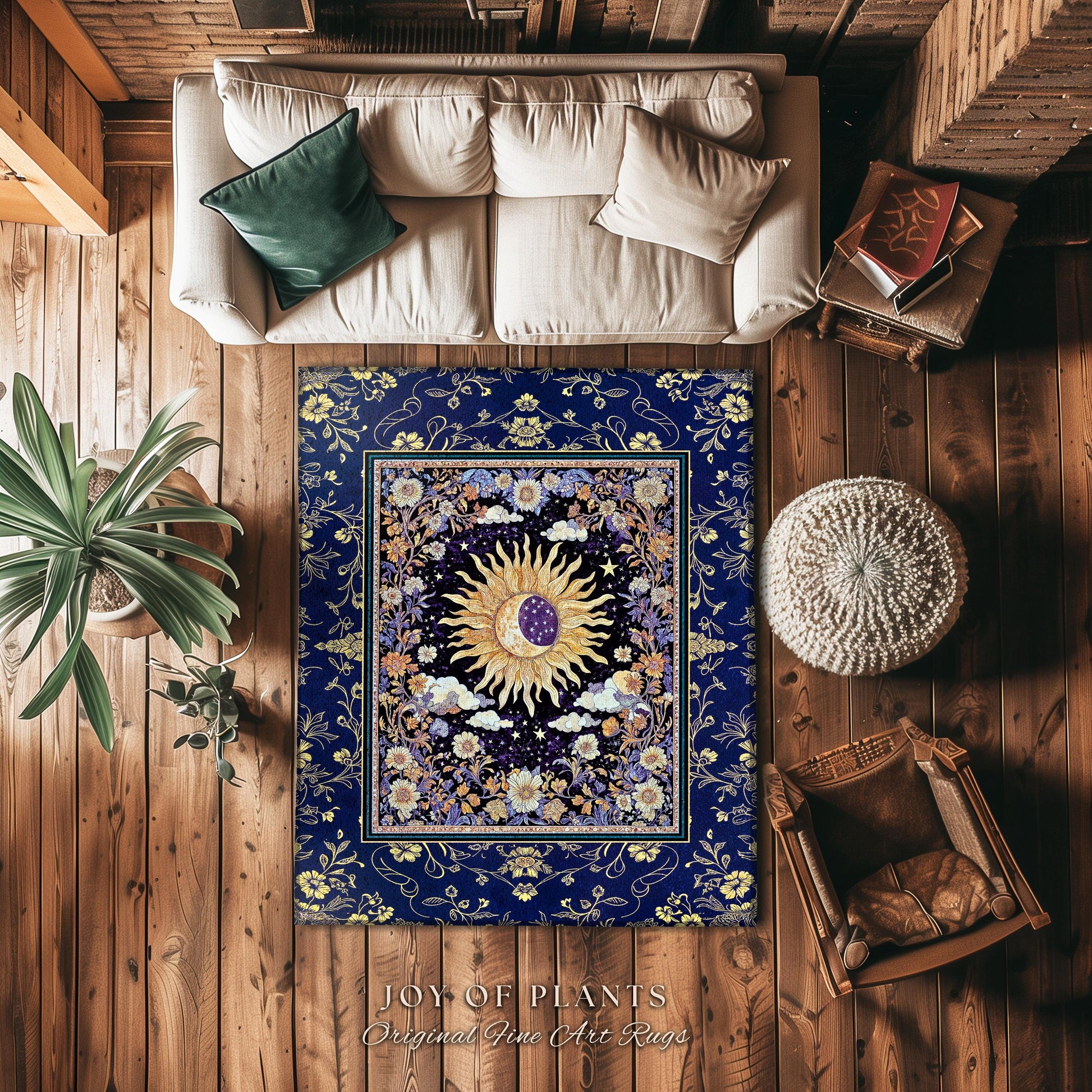 Cosmic Whimsy Fairycore Area Rug | Ethereal Sun Aesthetic Celestial Bedroom Accent Floral Tarot Theme Sun and Moon Colorful Maximalist Decor