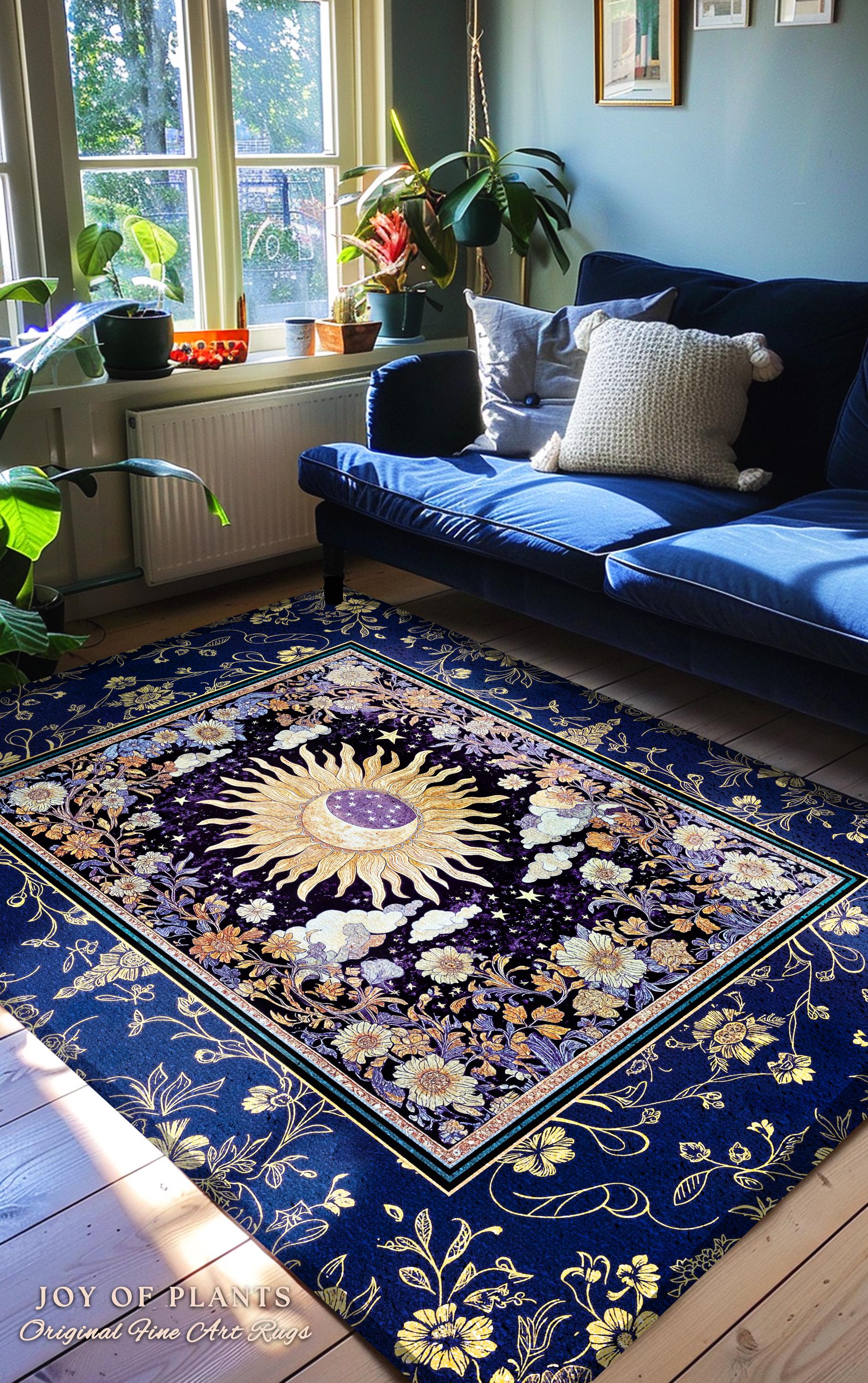 Cosmic Whimsy Fairycore Area Rug | Ethereal Sun Aesthetic Celestial Bedroom Accent Floral Tarot Theme Sun and Moon Colorful Maximalist Decor