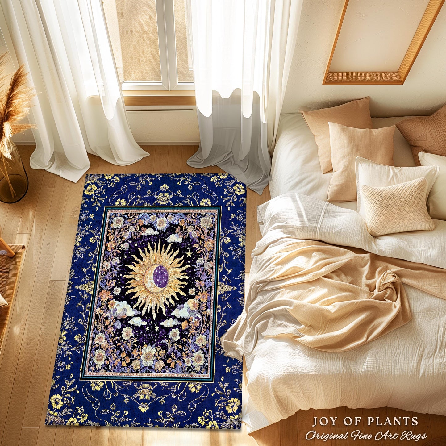 Cosmic Whimsy Fairycore Area Rug | Ethereal Sun Aesthetic Celestial Bedroom Accent Floral Tarot Theme Sun and Moon Colorful Maximalist Decor