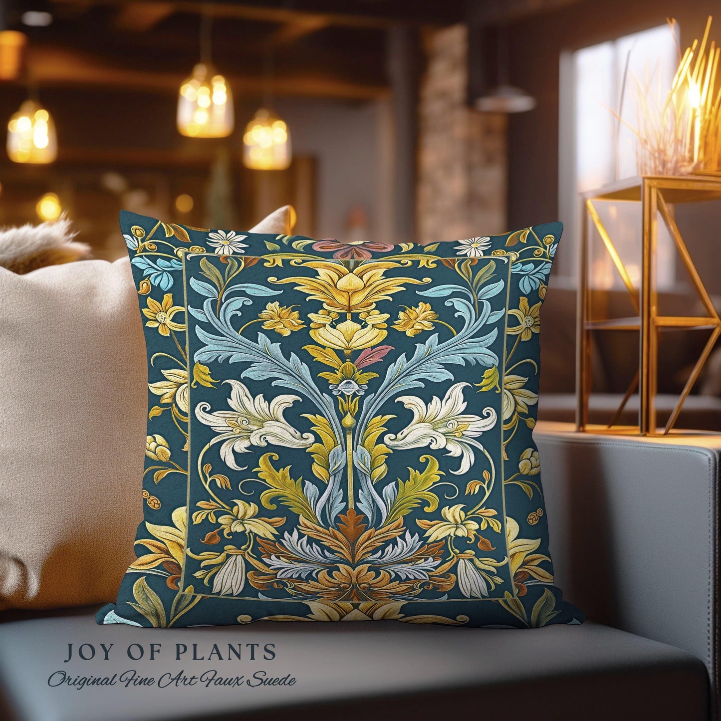 Art Nouveau Floral Ornate Throw Pillow Renaissance Style Botanical Dark Academia, William Morris Inspired Rustic Farmhouse Tapestry Cushion